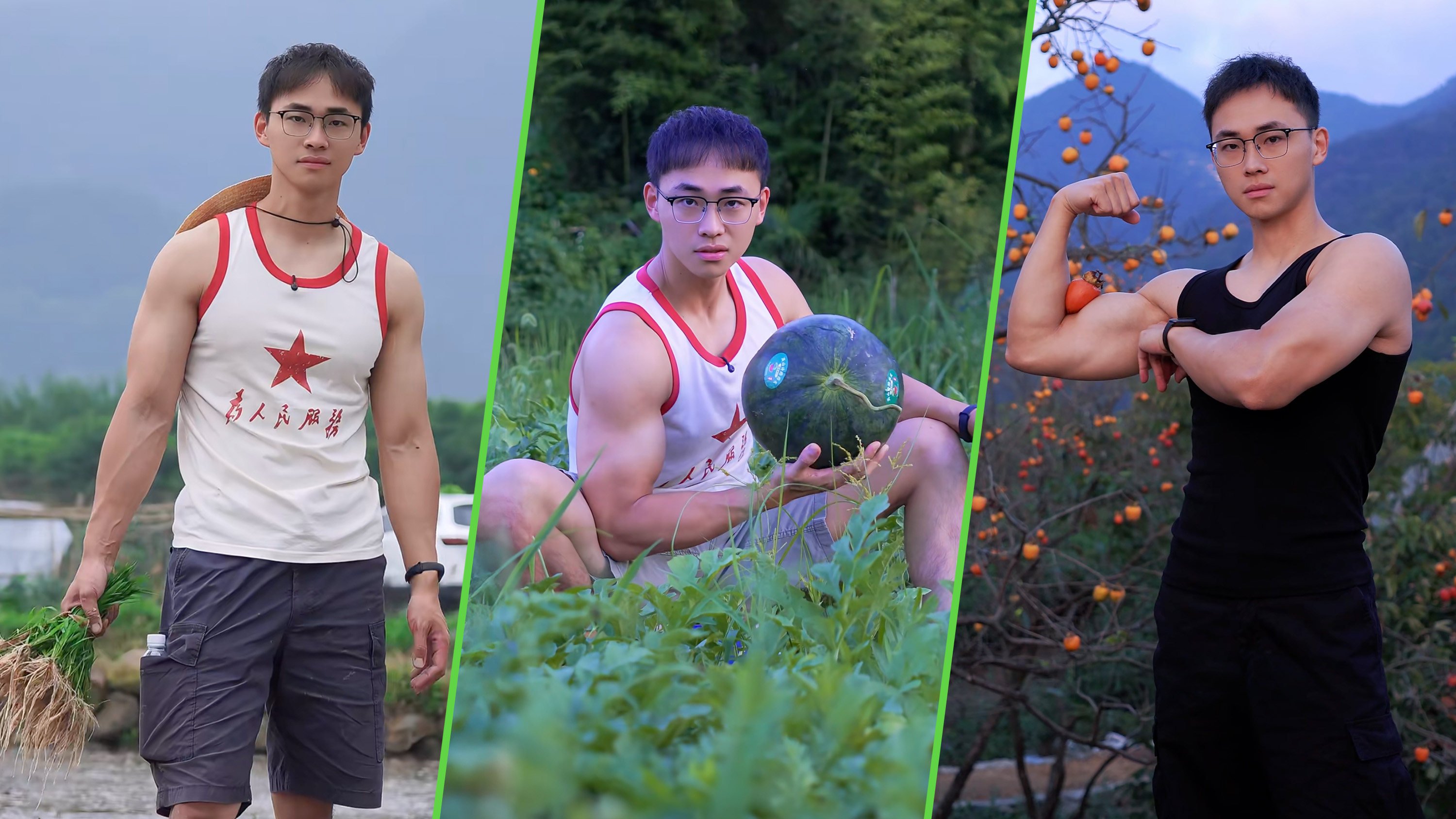 A 28-year-old man in China has been nicknamed “the most handsome village cadre” after videos featuring him flaunting his muscles to promote local agricultural products went viral. Photo: SCMP composite/RedNote