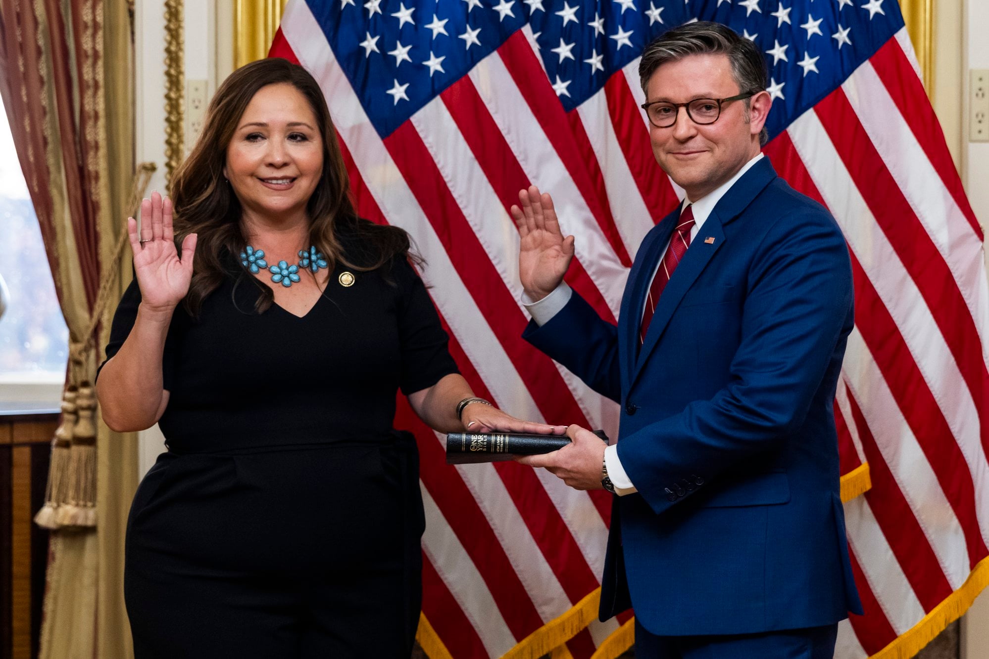 Democrat Representative Adelita Grijalva being sworn in by House Speaker Mike Johnson on Wednesday. Photo: EPA