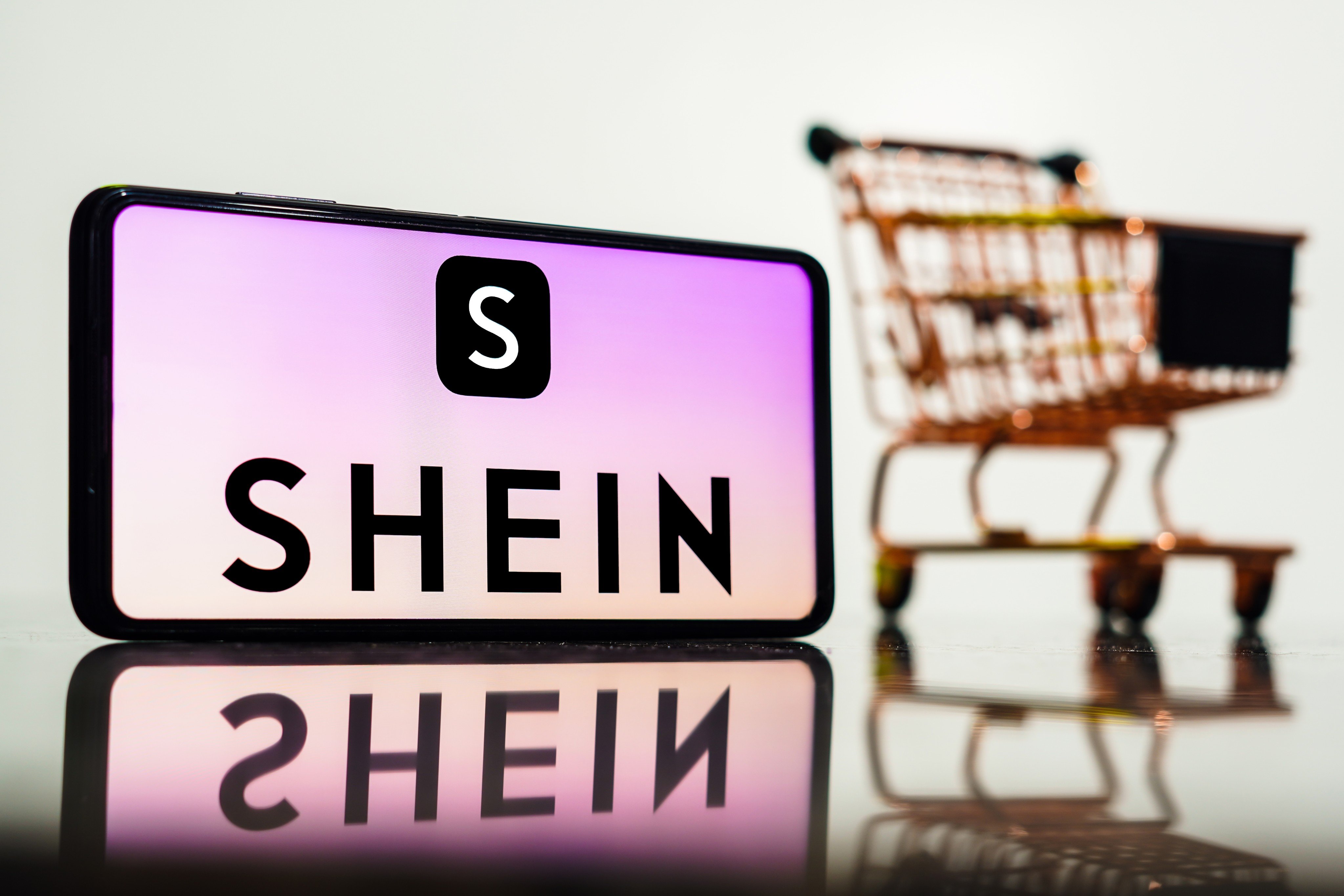 The Shein logo seen displayed on a smartphone along with a shopping cart. Photo: Shutterstock