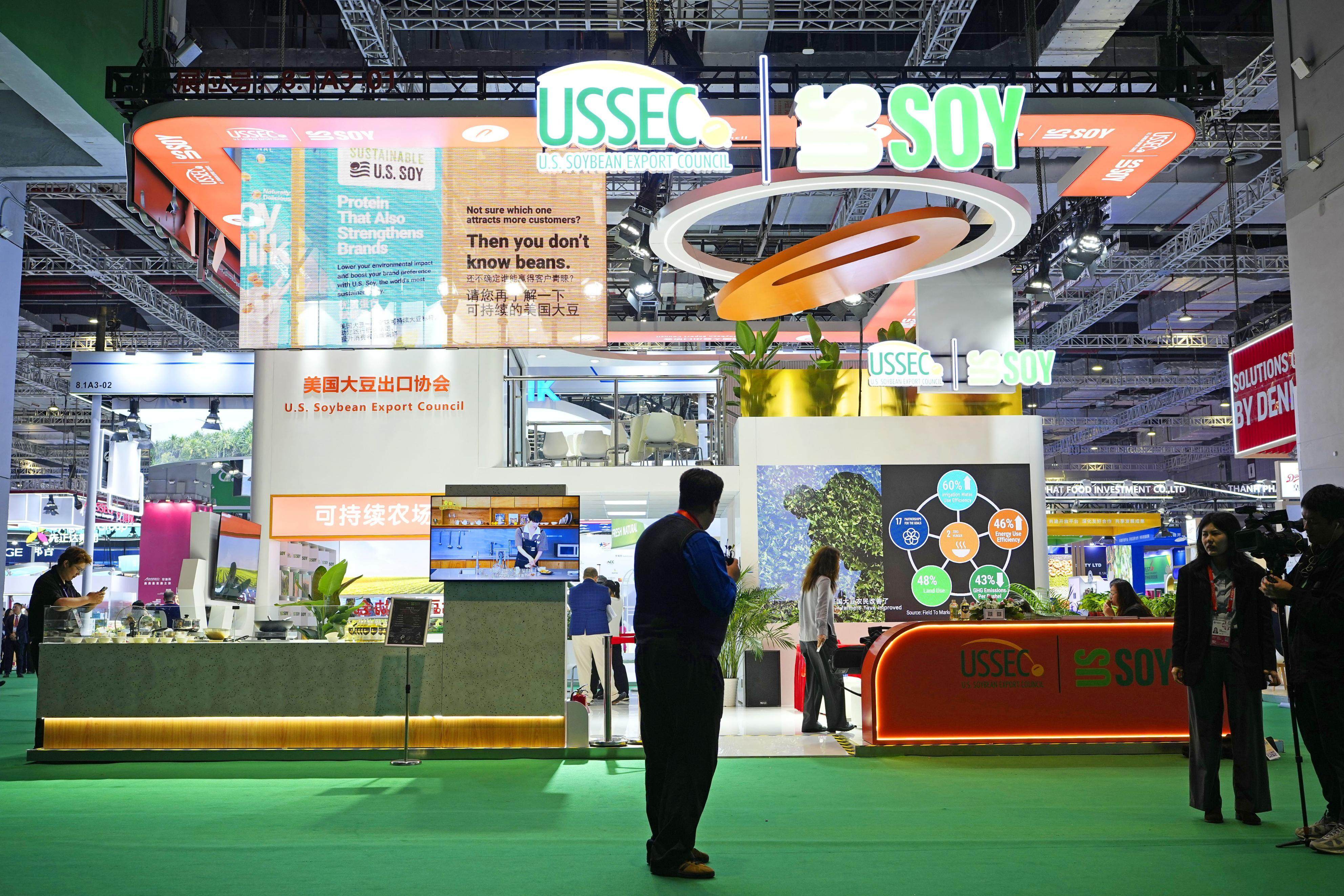 The US Soybean Export Council’s booth at the China International Import Expo in Shanghai on November 5. Photo: Kyodo