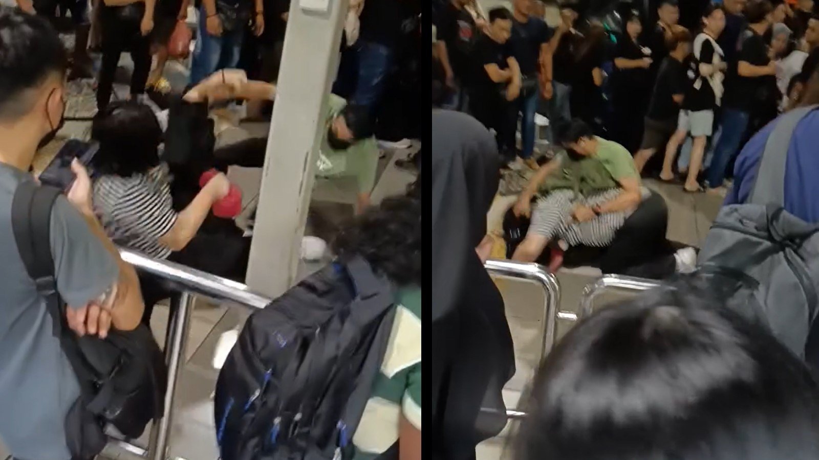 Screenshots from a viral video of two commuters fighting each other near the fenced entrance to the bus bays inside the Customs, Immigration and Quarantine (CIQ) Complex at the Sultan Iskandar Building. Photo: Facebook/Penyulam Aksara
