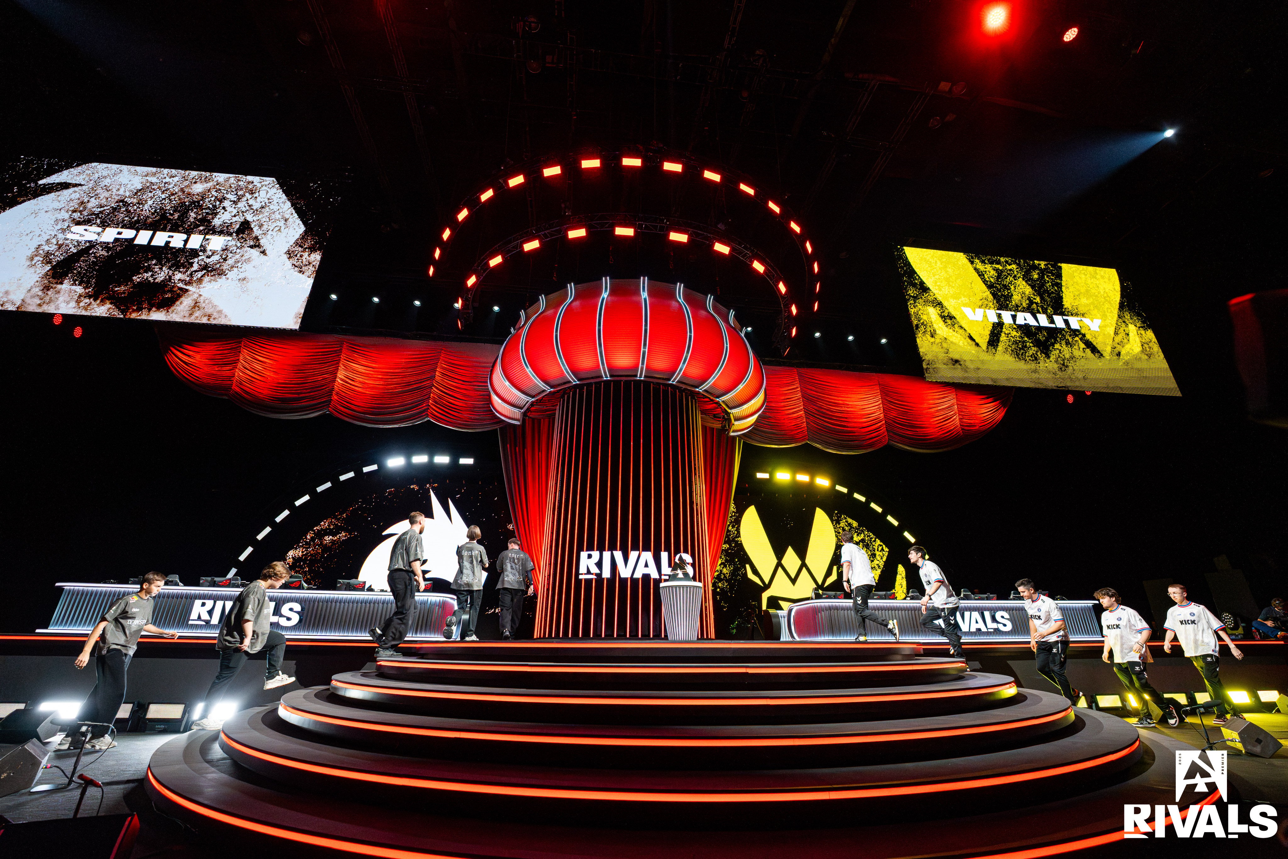 Team Vitality and Spirit enter the stage at the AsiaWorld-Arena. Photos: BLAST/Luc Bouchon