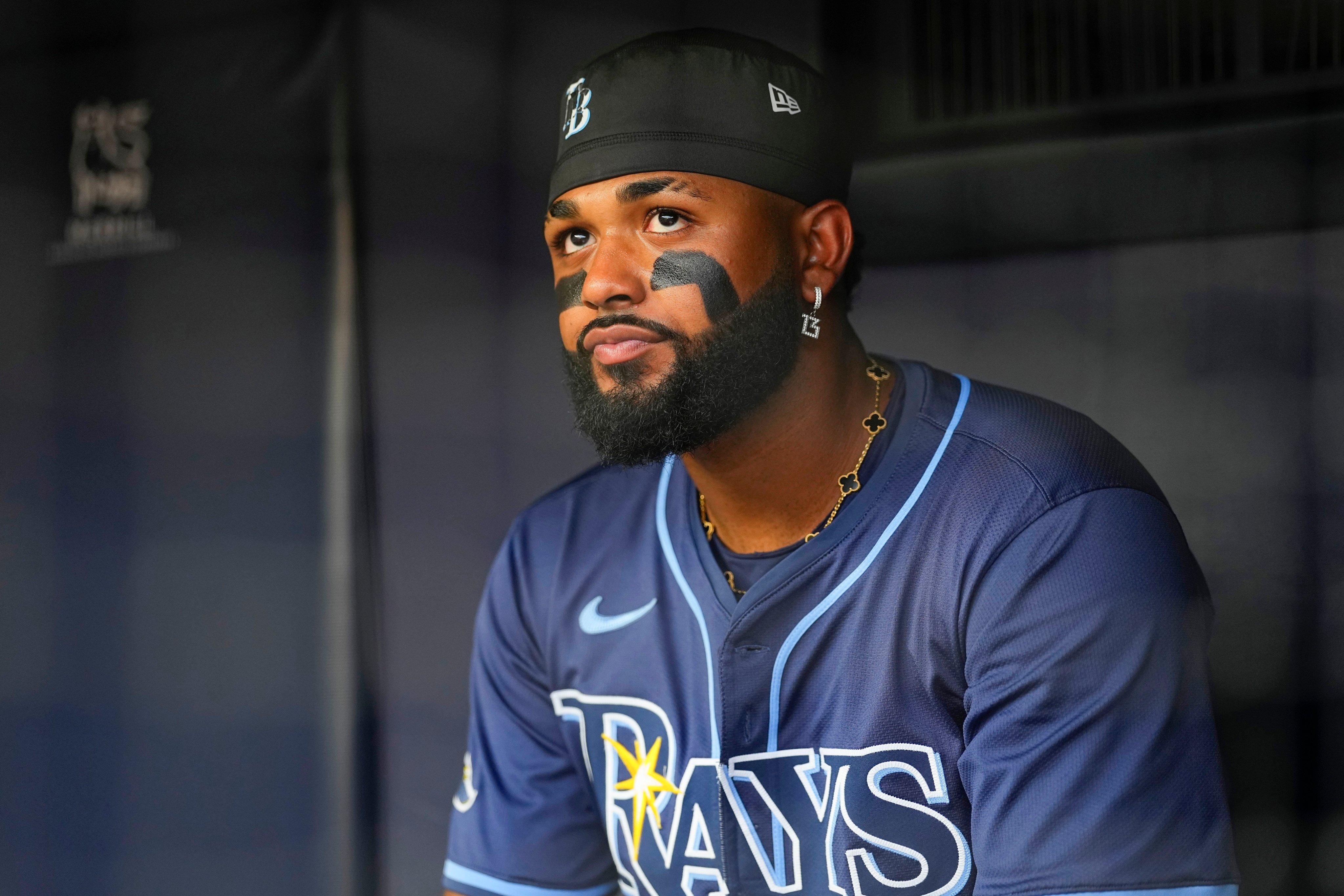 The Tampa Bay Rays’ Junior Caminero before a game in July, in New York. He’s wearing a Van Cleef & Arpels Alhambra necklace. Photo: Icon Sportswire via Getty Images
