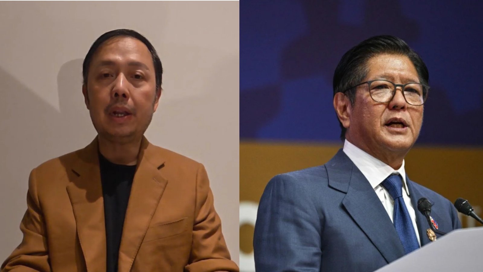 Left: Screenshot from video released by fugitive Philippine ex-lawmaker Zaldy Co, in which he accused President Ferdinand Marcos Jnr of ordering him to insert 100 billion Philippine pesos in dubious flood control projects into the national budget. Right: Marcos at the Apec CEO Summit in Gyeongju on October 3. Photo: AFP
