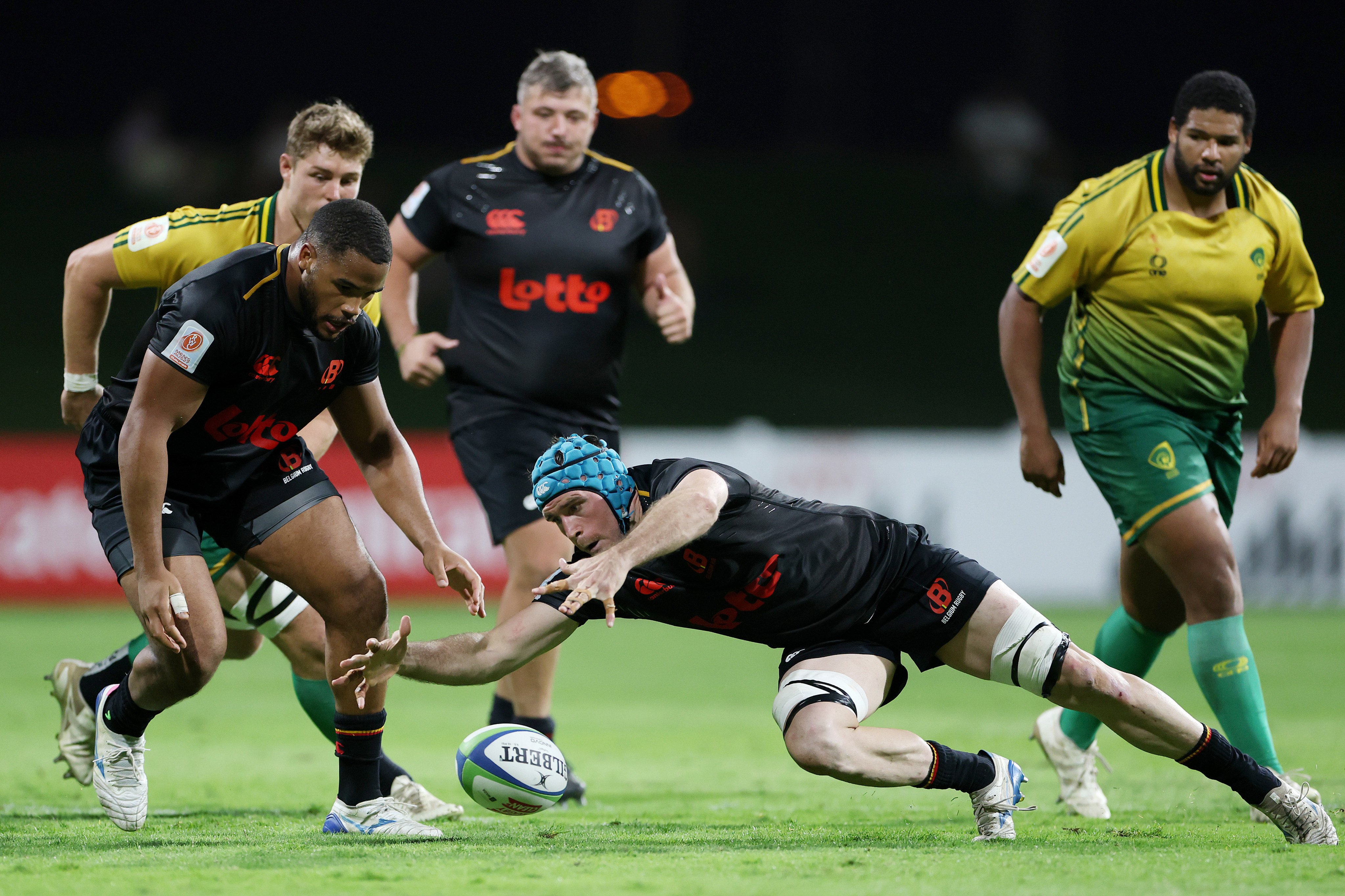 Belgium’s Felipe Geraghty pounces on a loose ball during the Rugby World Cup 2027 final qualification tournament match against Brazil in Dubai on Thursday. Photo: Getty Images