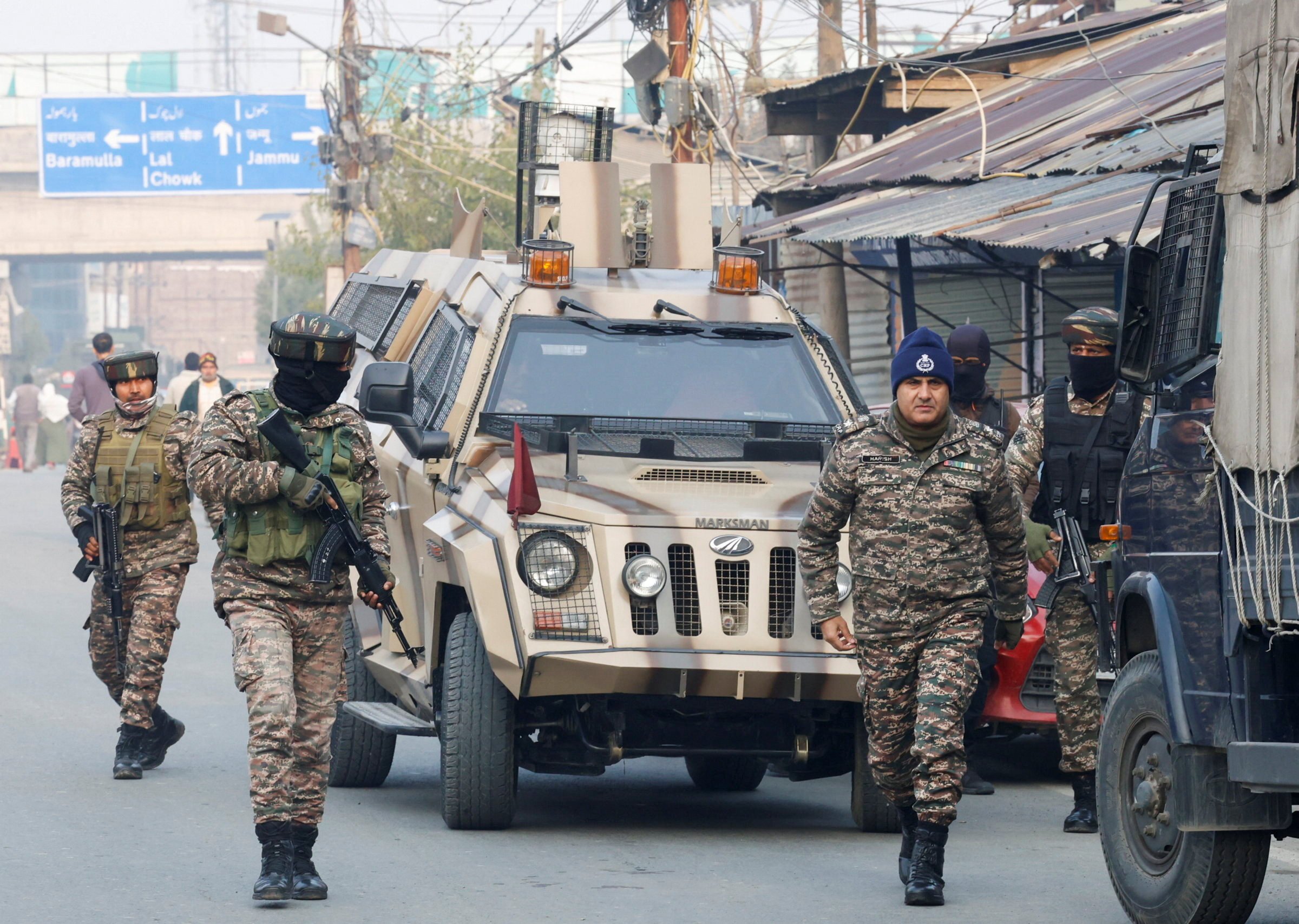 Indian security forces arrive near the site of an explosion inside a police station in Srinagar on Saturday. Photo: Reuters