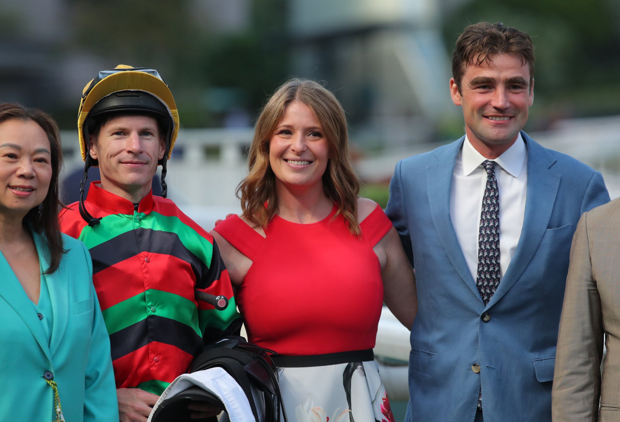 Jockey Richard Kingscote celebrates his win on Loch Tay with his wife Ashleigh (second from right) and trainer David Eustace. Jockey Richard Kingscote celebrates his win on Loch Tay with his wife Ashleigh (second from right) and trainer David Eustace.