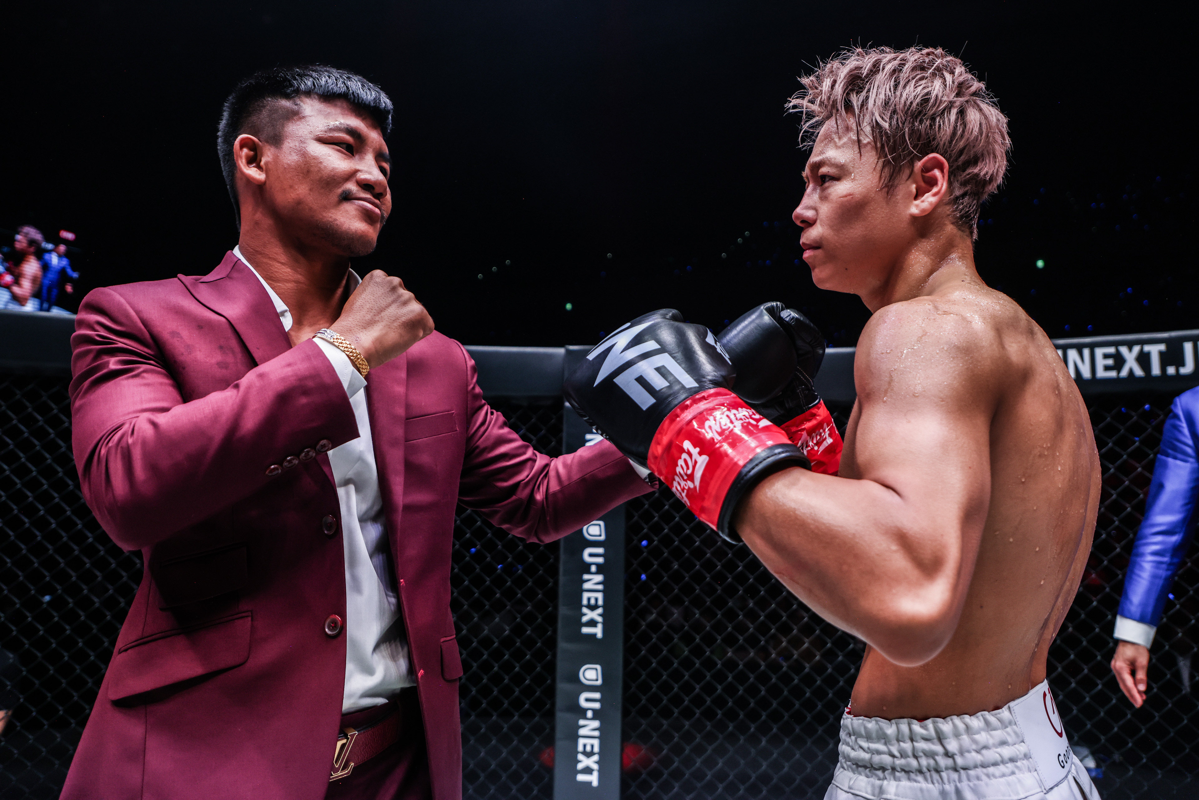 Takeru Segawa and Rodtang Jitmuangnon face off in the ring at ONE 173. Photo: ONE Championship