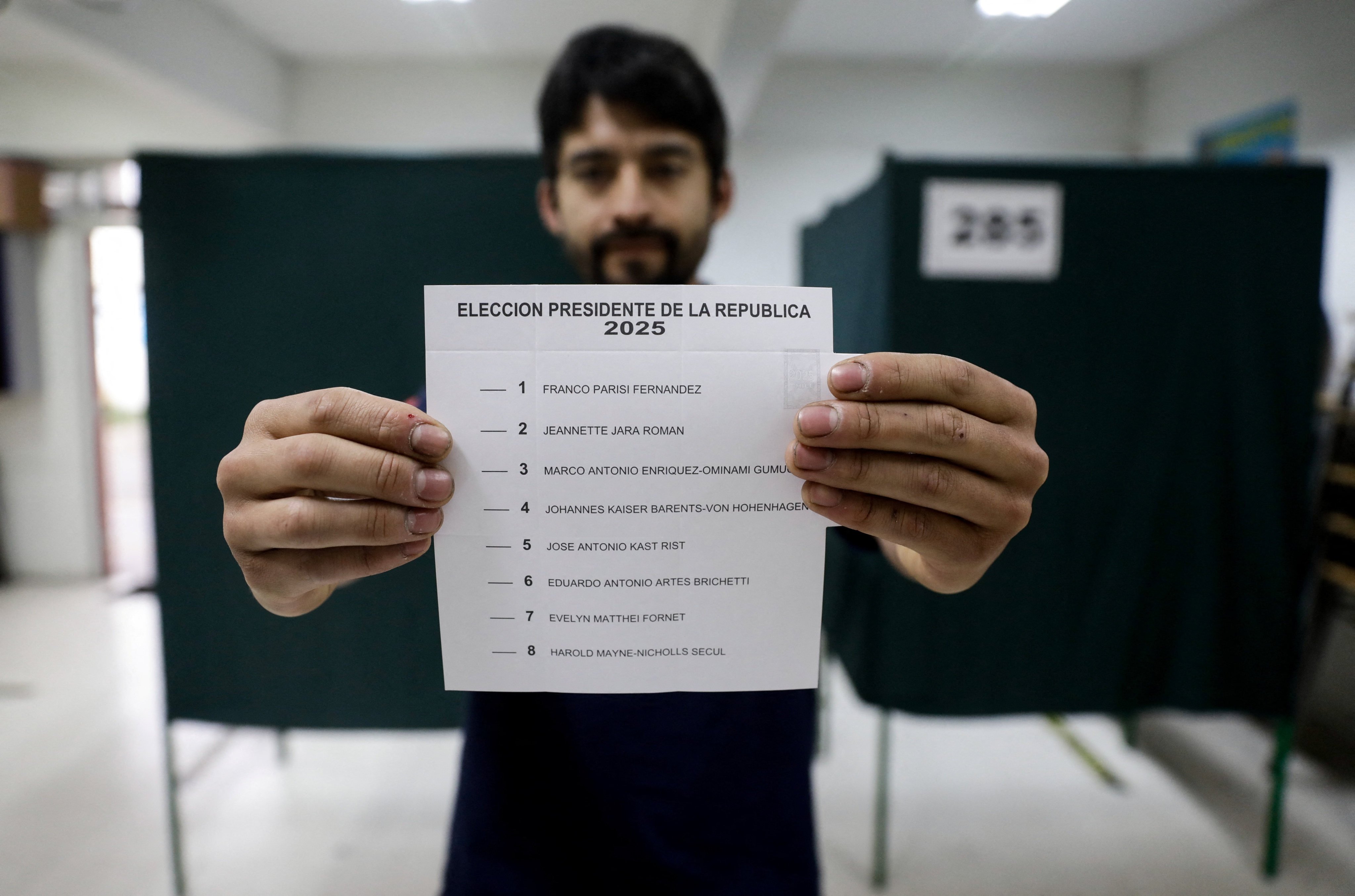 A man holds a ballot at a polling station, on the day of the presidential election, in Santiago, Chile, on Sunday. Photo: Reuters