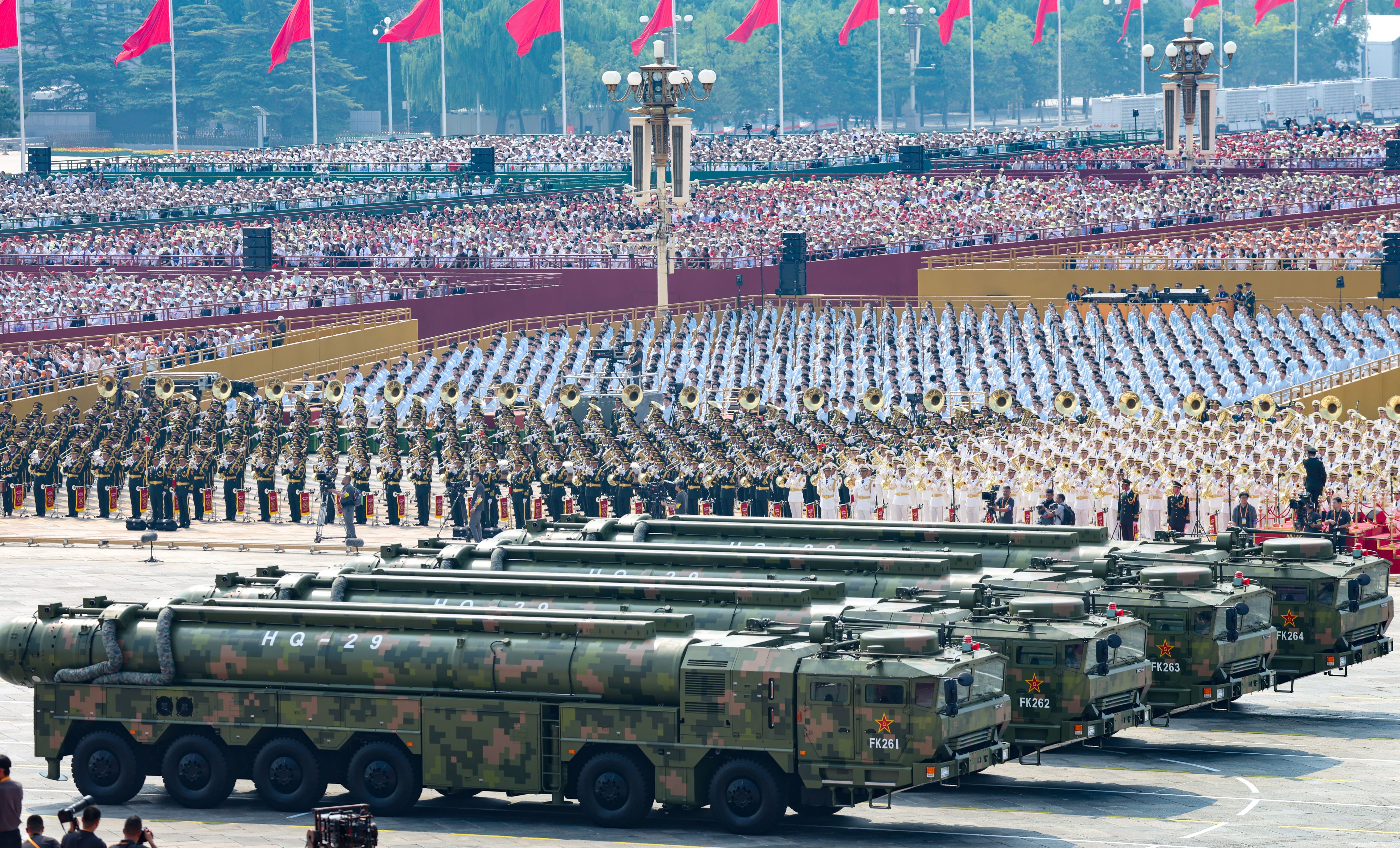 Military vehicles transport the PLA’s new HQ-29 anti-aircraft missiles during China’s Victory Day parade, in Beijing on September 3. Photo: China News Service via Getty Images