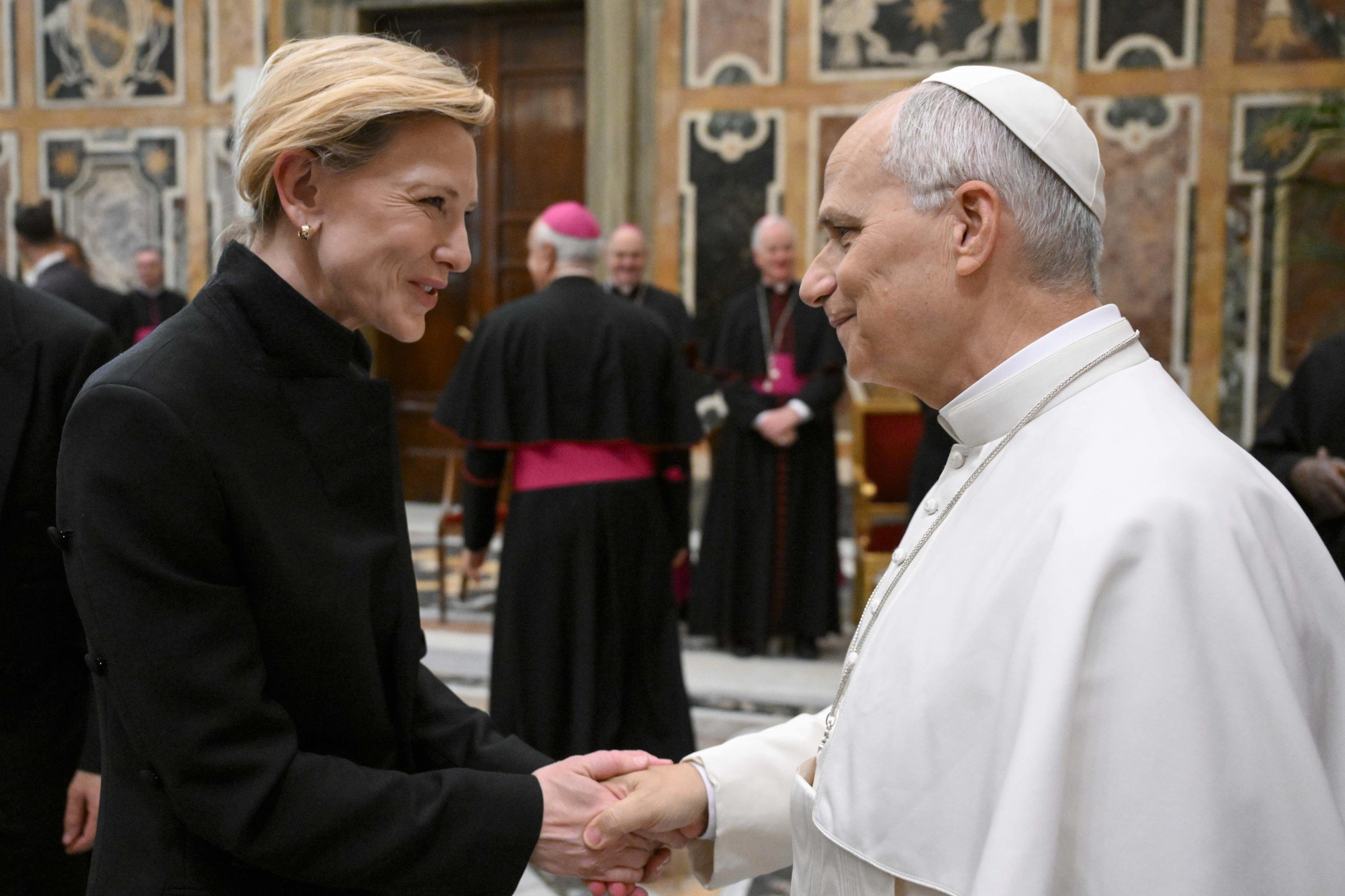 Pope Leo greets Australian actress and producer Cate Blanchett in Vatican City on Saturday. Photo: Vatican Media via EPA