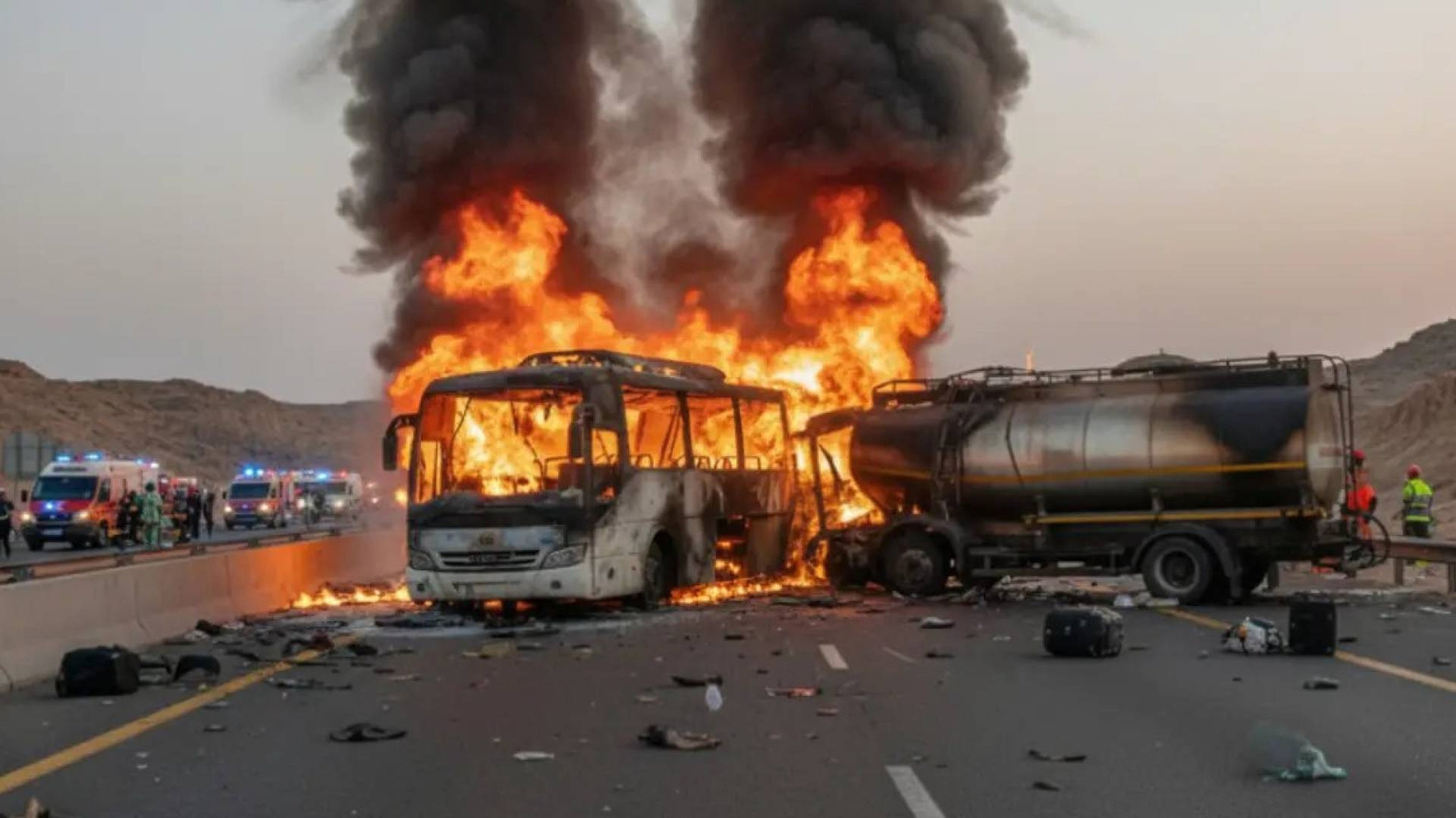Heart-wrenching scene on Mecca-Medina Highway near Jeddah, as a bus with Indian Umrah pilgrims collides with a tanker truck. Photo: Handout