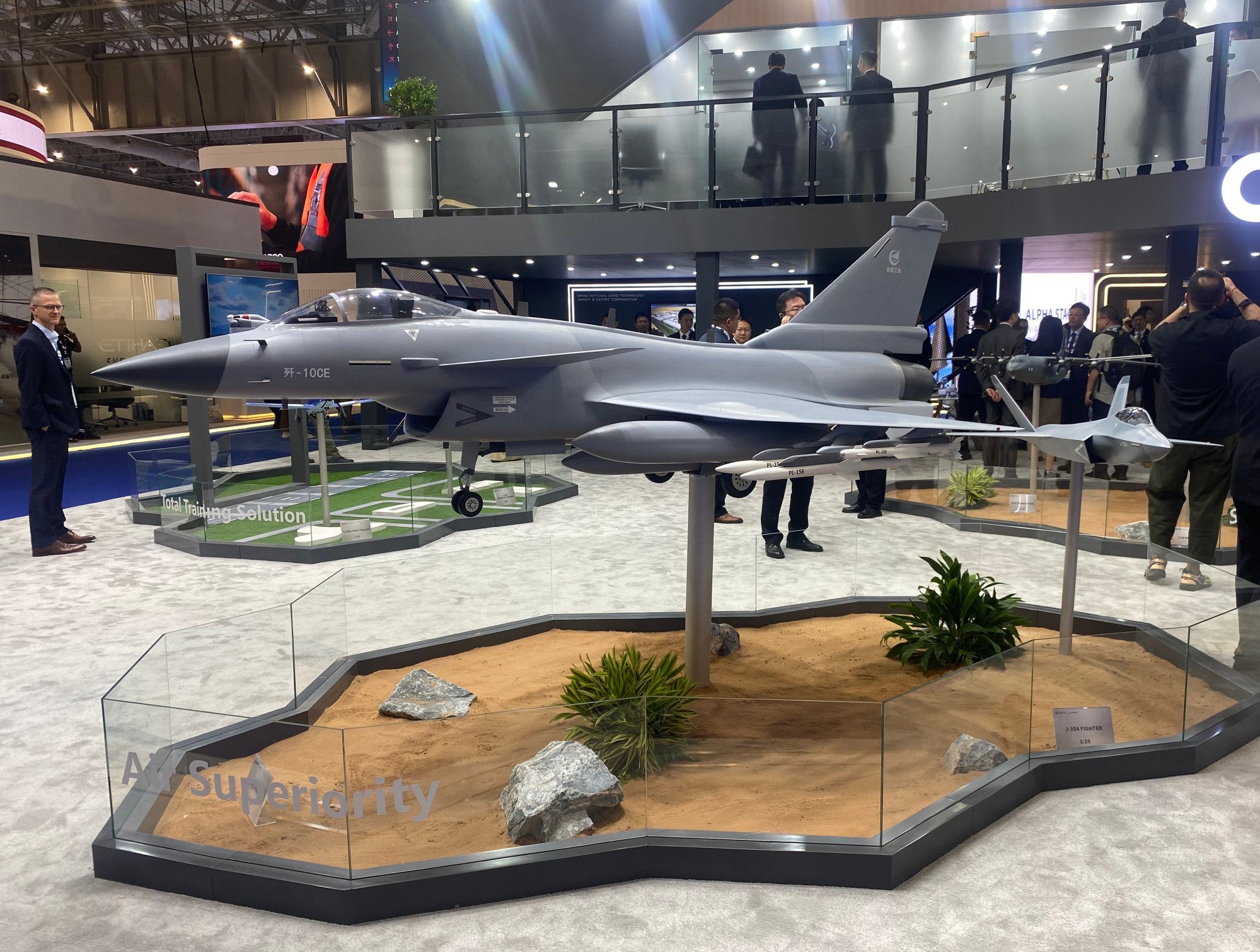 Catic’s booth at the Dubai Air Show features scale models of two Chinese fighter jets: the J-10CE and the J-35A. Photo: Handout