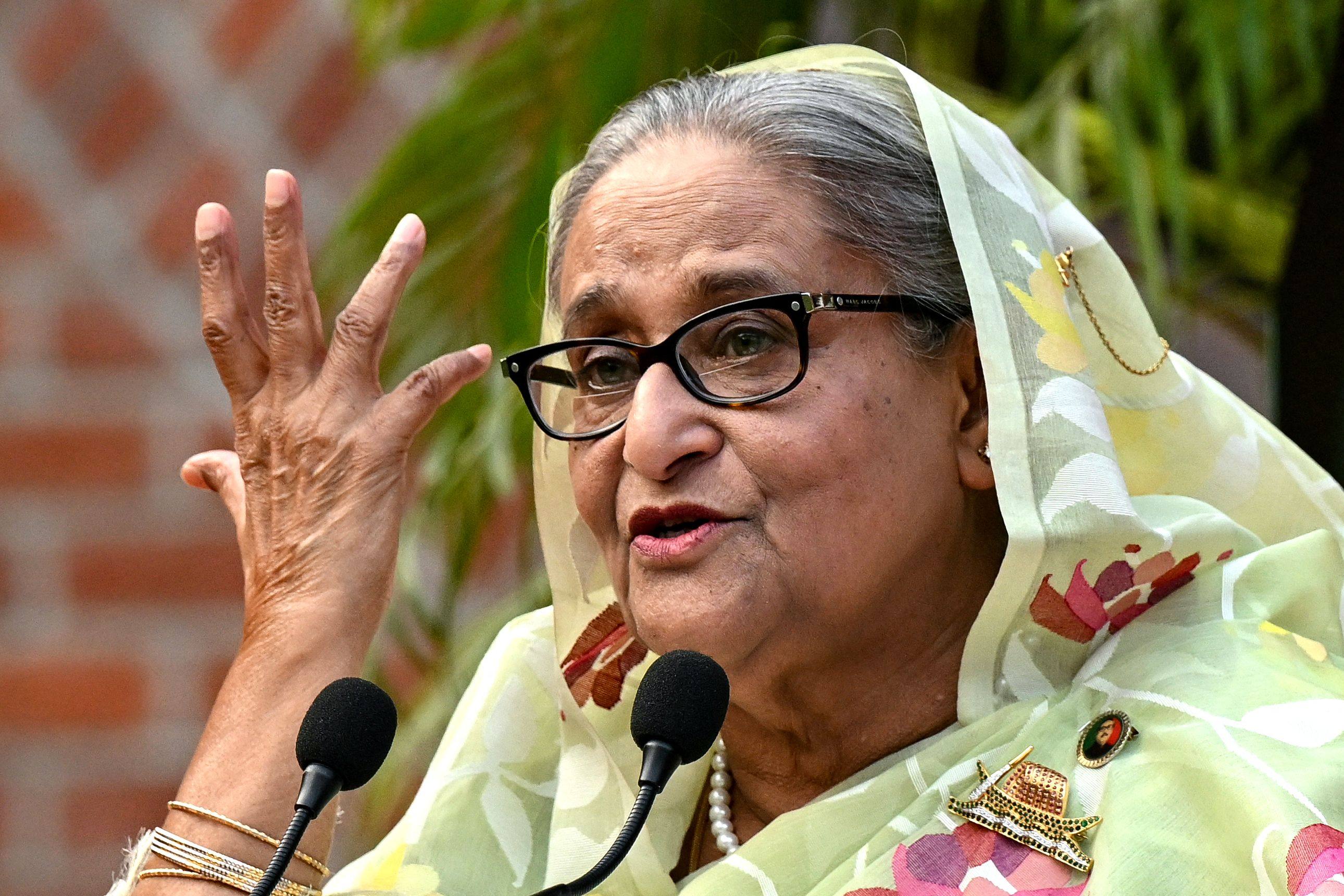 Sheikh Hasina gestures while speaking to the media, a day after she won the 12th parliamentary elections, in Dhaka, Bangladesh in January 2024. Photo: AFP