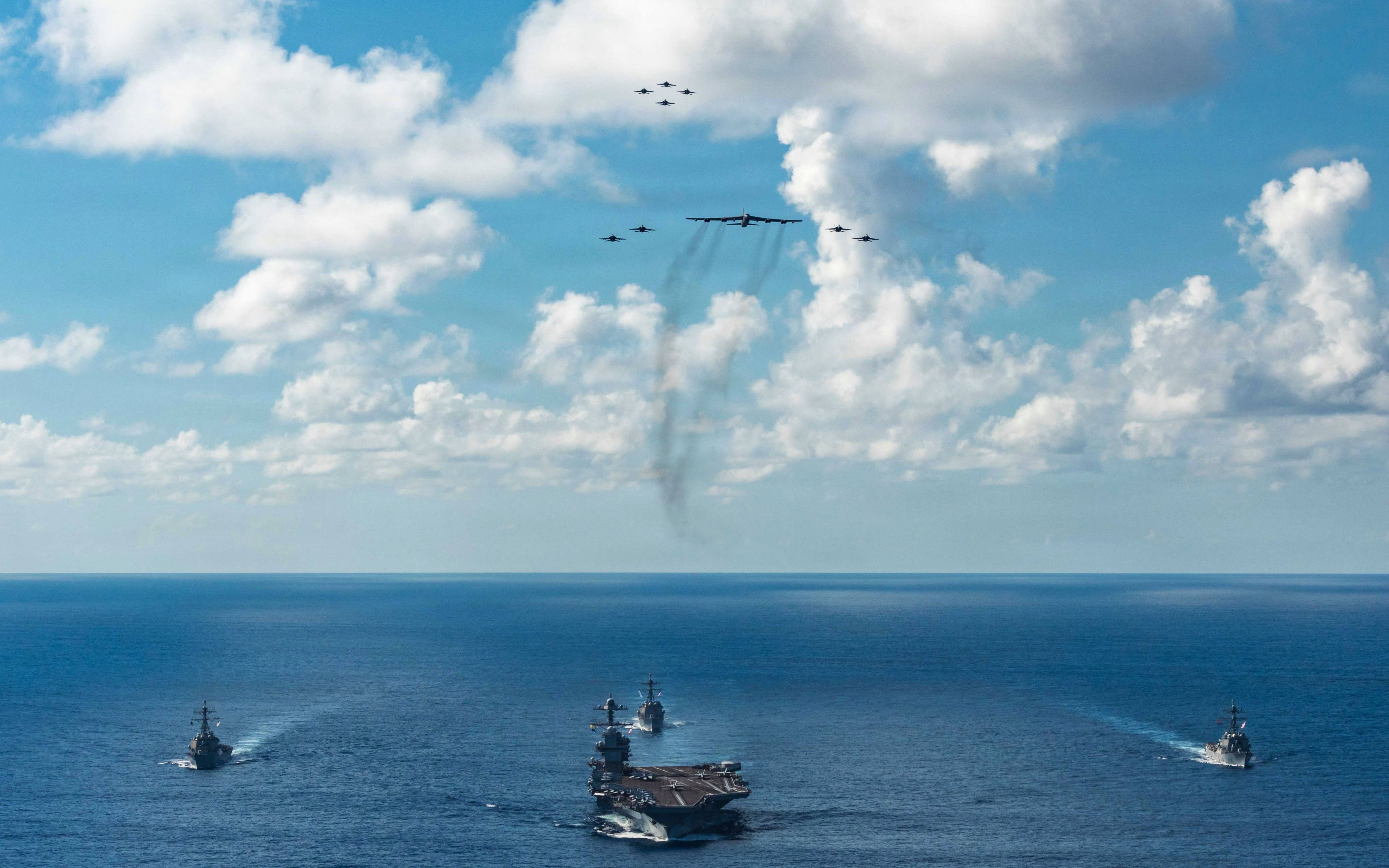 The US Navy’s Gerald R. Ford Carrier Strike Group, including the flagship USS Gerald R. Ford, front at an undisclosed location in the Atlantic Ocean. Photo: AFP / DoD /  Petty Officer 3rd Class Gladjimi Balisage