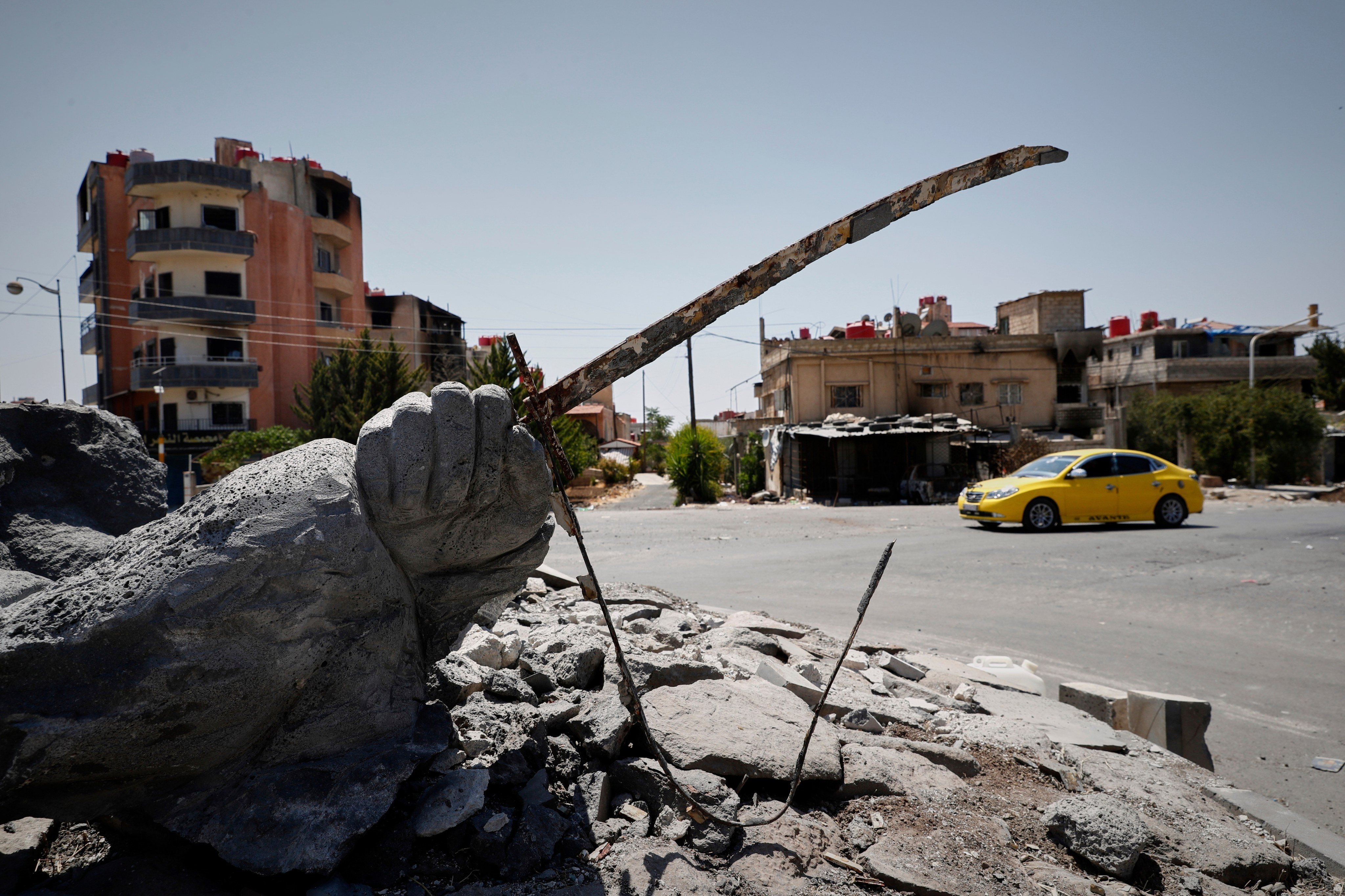 A destroyed statue in the Druze-majority town of Sweida, Syria in July. On Sunday, members of Syria’s military were detained as part of an investigation into the sectarian violence in Sweida that left hundreds of people dead. Photo: AP