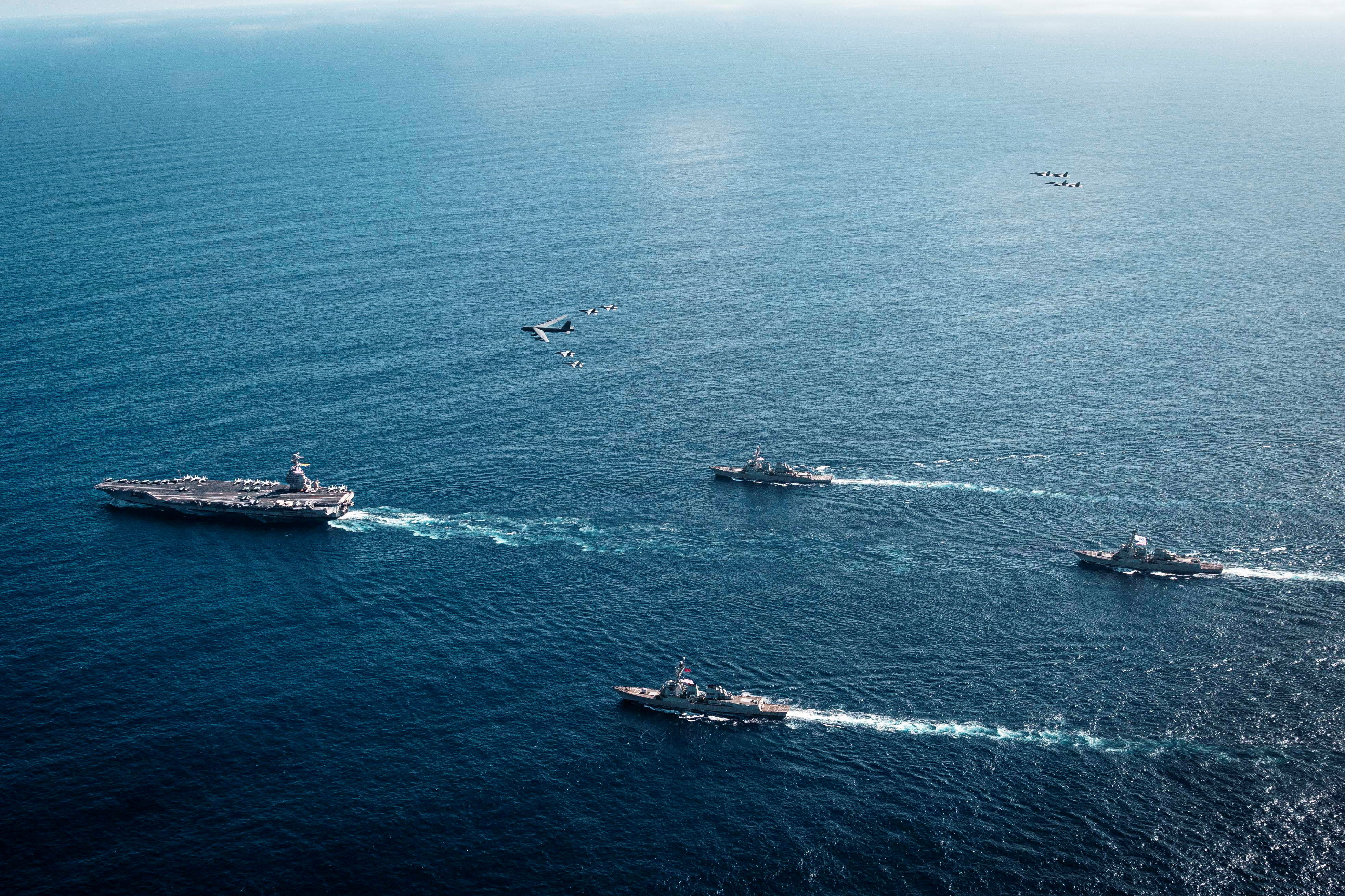 The US Navy’s Gerald R. Ford carrier strike group at an undisclosed location in the Atlantic Ocean. Photo: US Navy via AFP