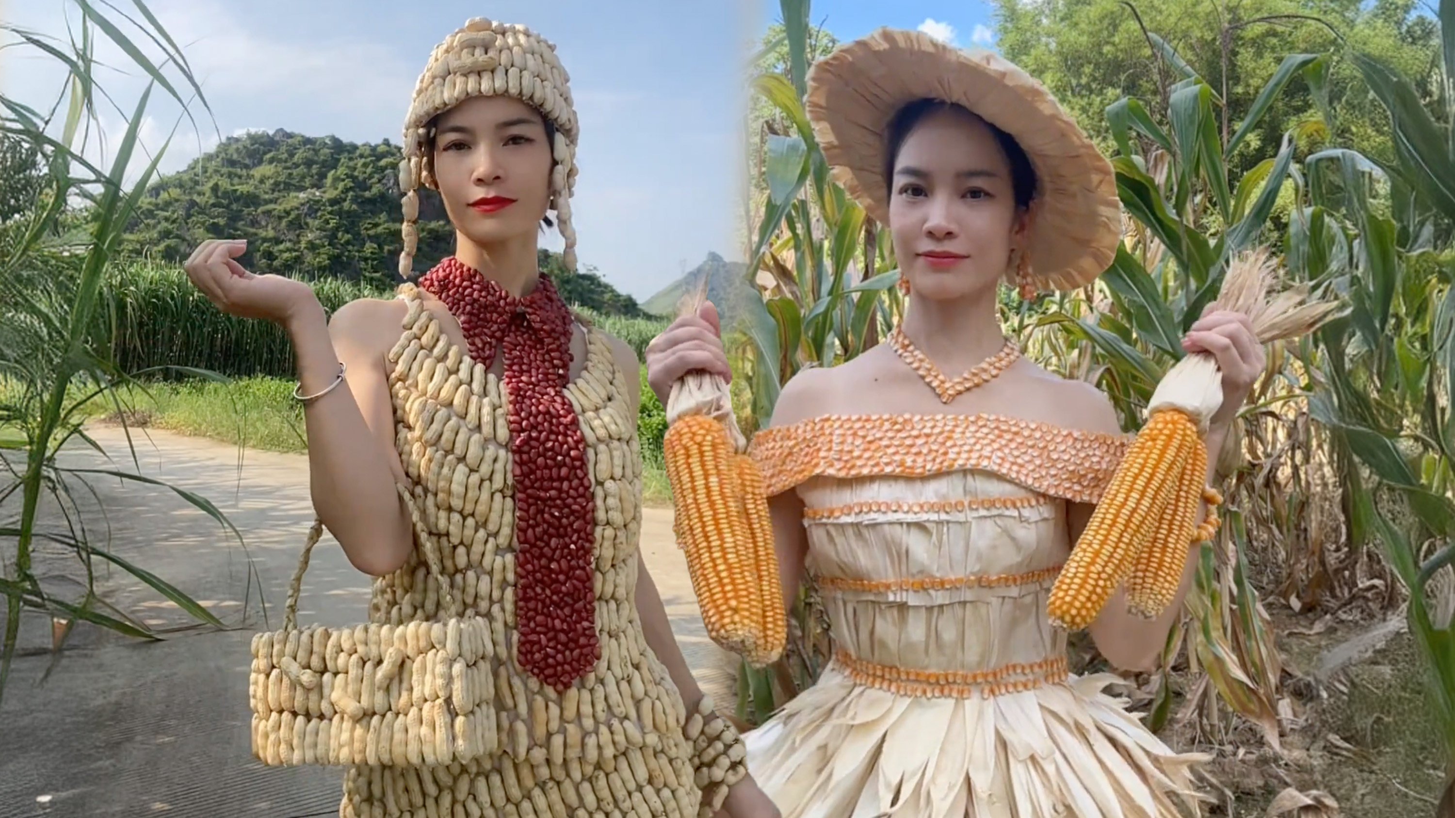 A Chinese woman in a village has gone viral online for her innovative creations, transforming everyday food items into stunning fashion. Photo: Douyin