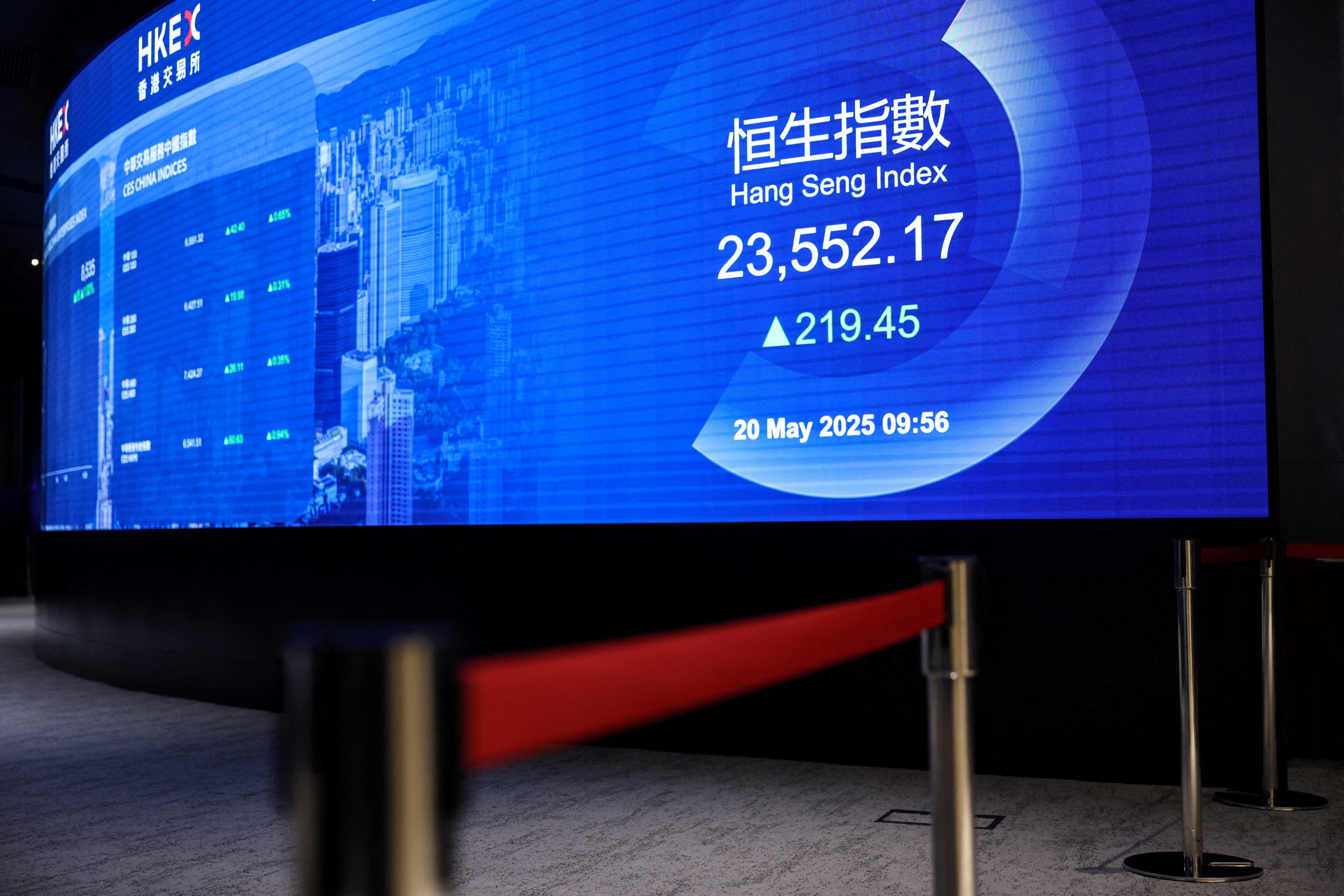 A file photo from May 20, 2025, shows the Hang Seng Index at the Hong Kong stock exchange. Photo: Reuters