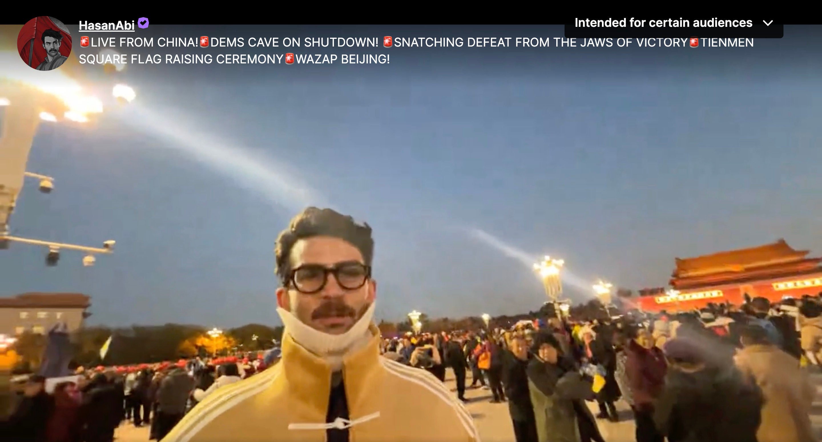 American political commentator and live-streamer Hasan Piker was  stopped by a police officer while waiting to watch the daily sunset flag-raising ceremony in Tiananmen Square. Photo: Screenshot from Twitch