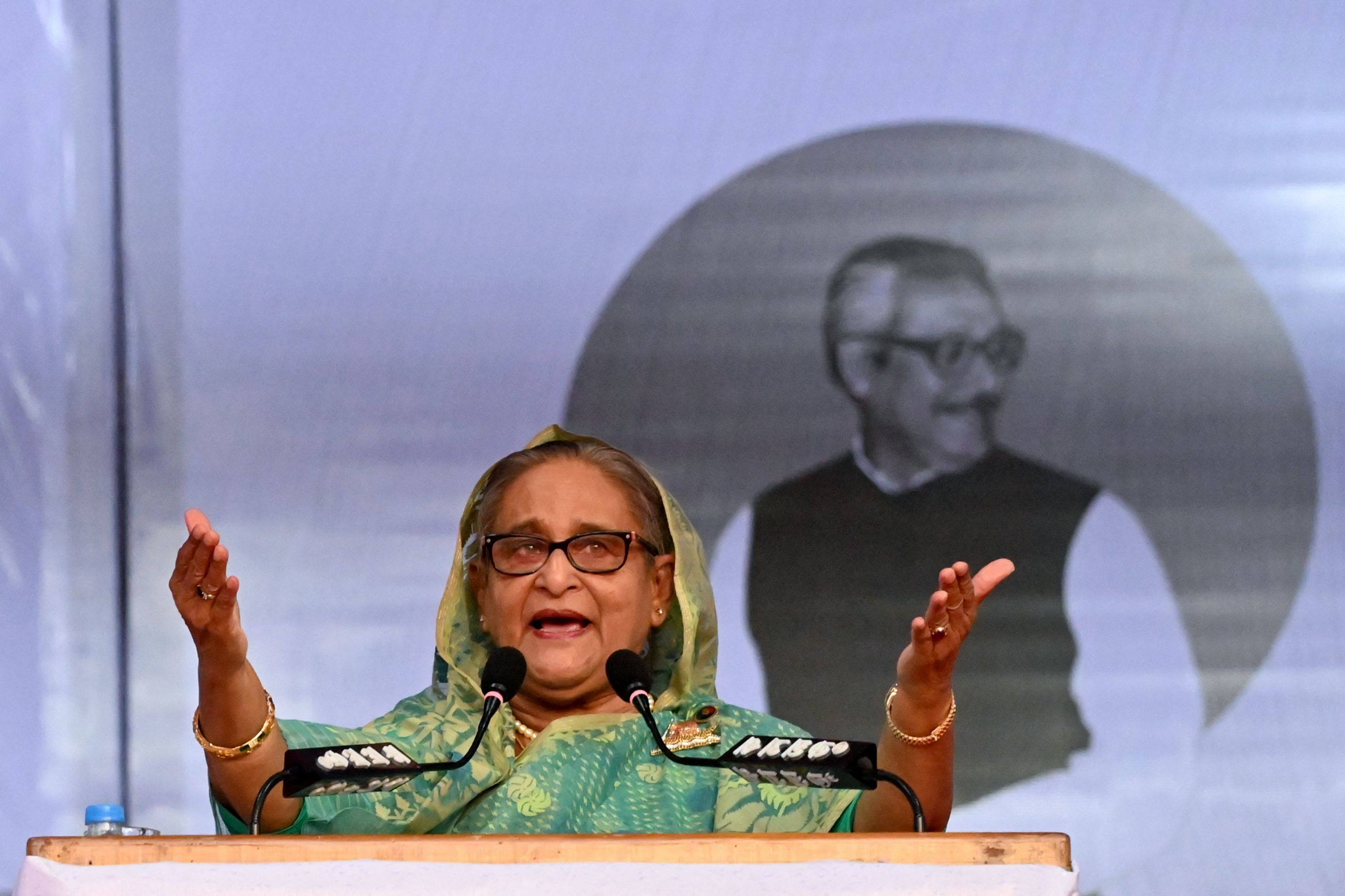 Bangladesh’s Prime Minister Sheikh Hasina addresses a rally during an election campaign in Sylhet in December 2023. Hasina has been sentenced to death for crimes against humanity. Photo: AFP