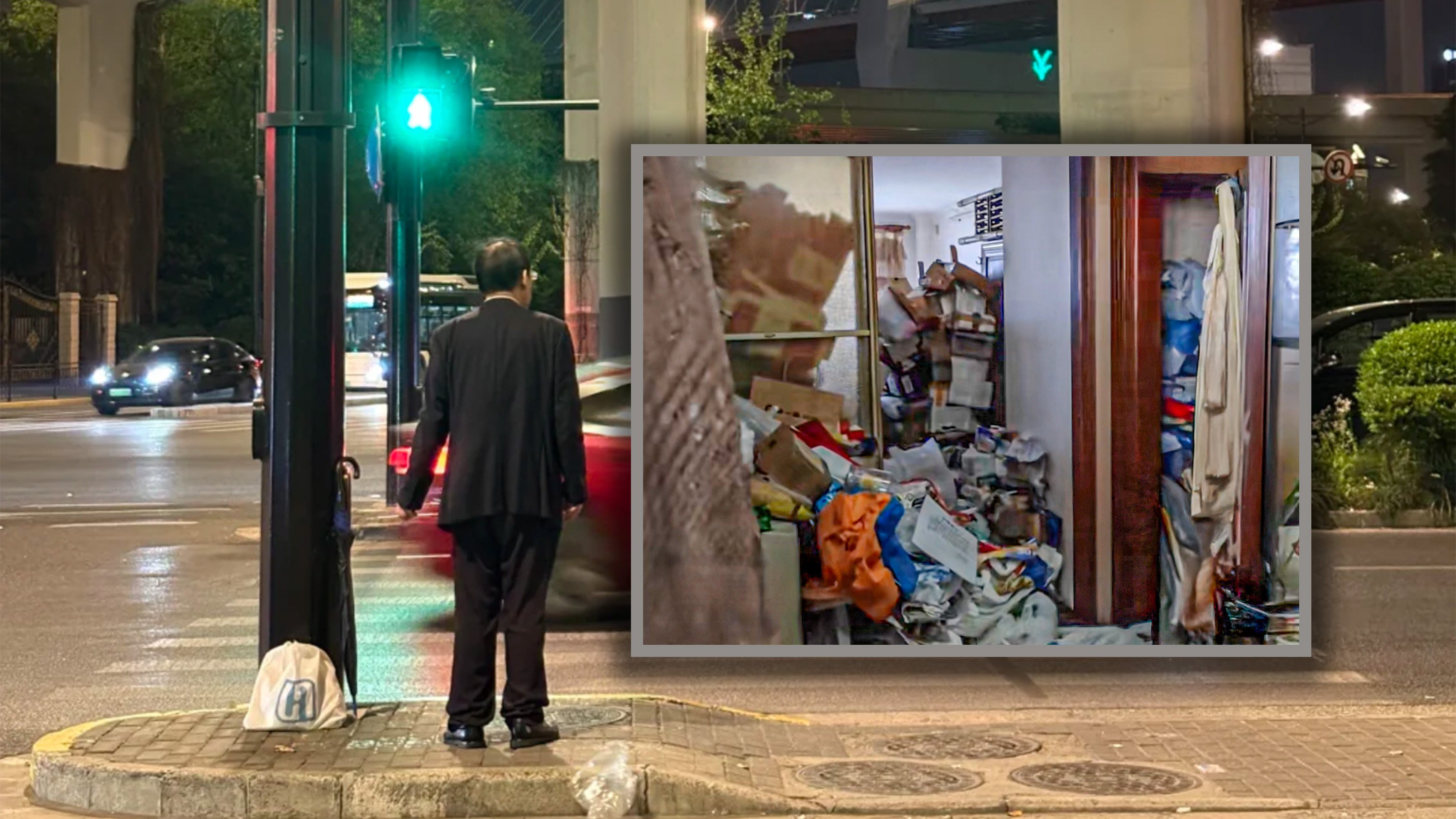 An elderly man in Shanghai, who went viral online after he became known for standing under a bridge while “looking for love” has been revealed as a hoarder who has defaulted on his rent for two years. Photo: SCMP composite/RedNote/Douyin