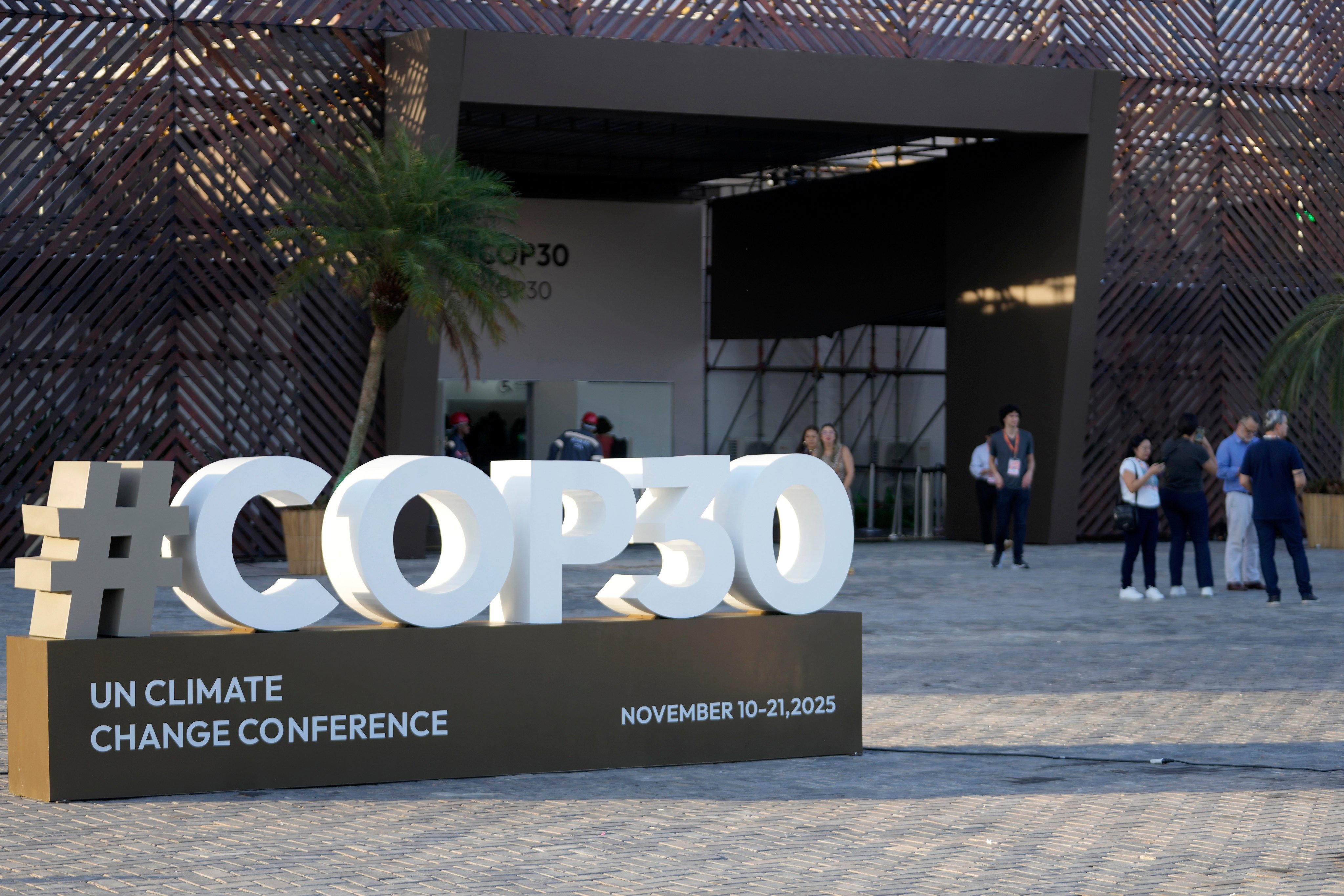 A sign for the Cop30 UN climate summit sits outside of the press centre in Belem, Brazil. Photo: AP