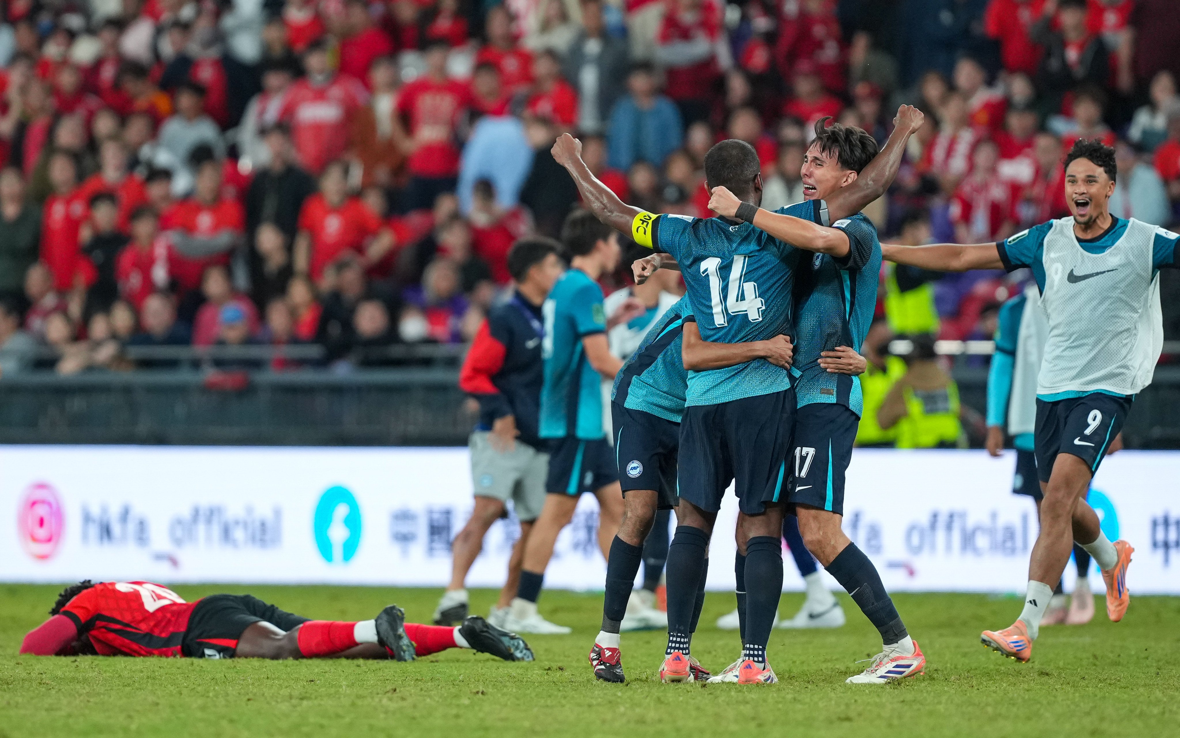 Singapore players celebrate their side’s win over Hong Kong. Photo: Sam Tsang