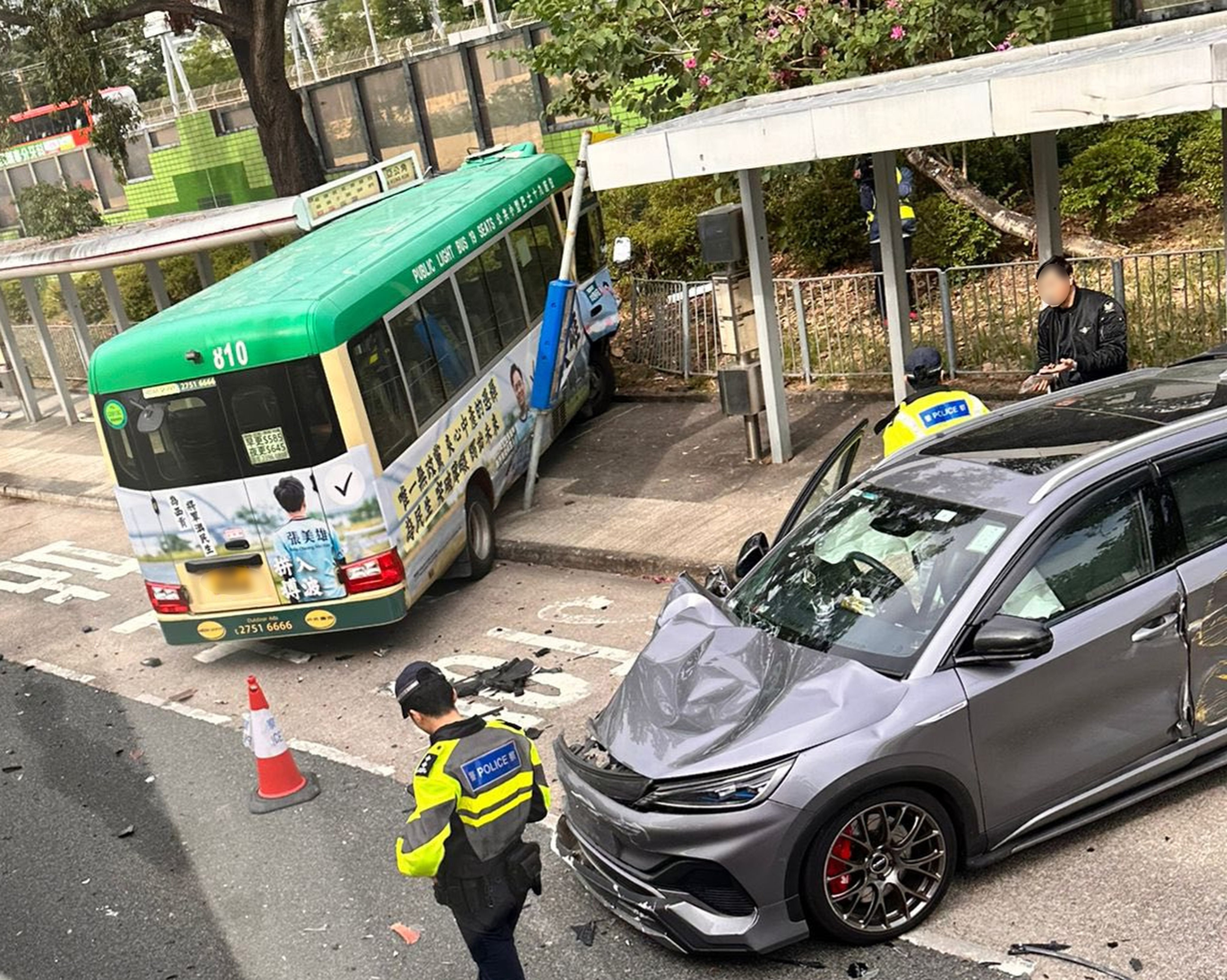 Seven people have been injured after a minibus collided with a car in Hong Kong’s Ma On Shan and then crashed into a bus stop. Photo: Handout
