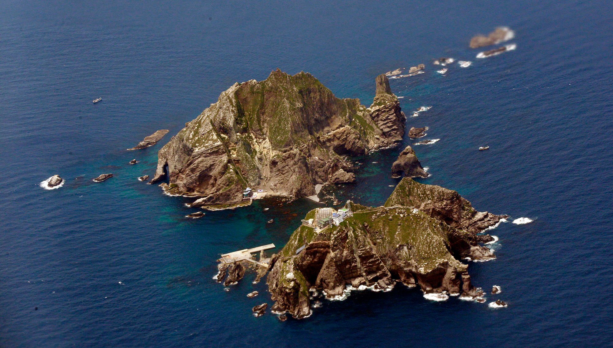 The Liancourt Rocks, called Dokdo in Korean and Takeshima in Japanese, observed from a Korean airline’s flight. Photo: AP