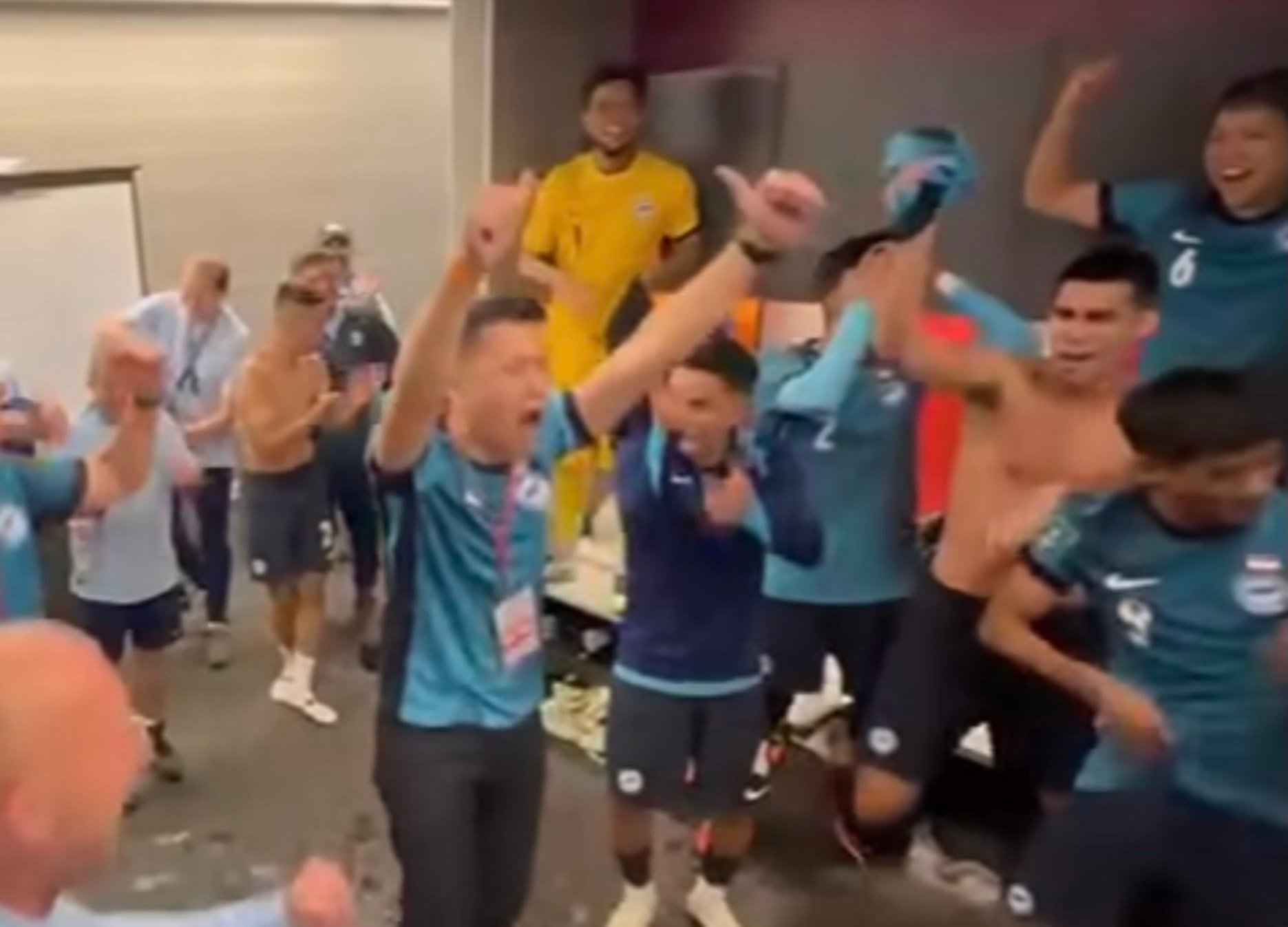Singapore’s Acting Minister for Culture, Community and Youth David Neo speaking to Singapore’s national football team in a locker room after their win over Hong Kong in an Asian Cup qualifier match in Kai Tak Stadium on Tuesday. Photo: Facebook/David Neo