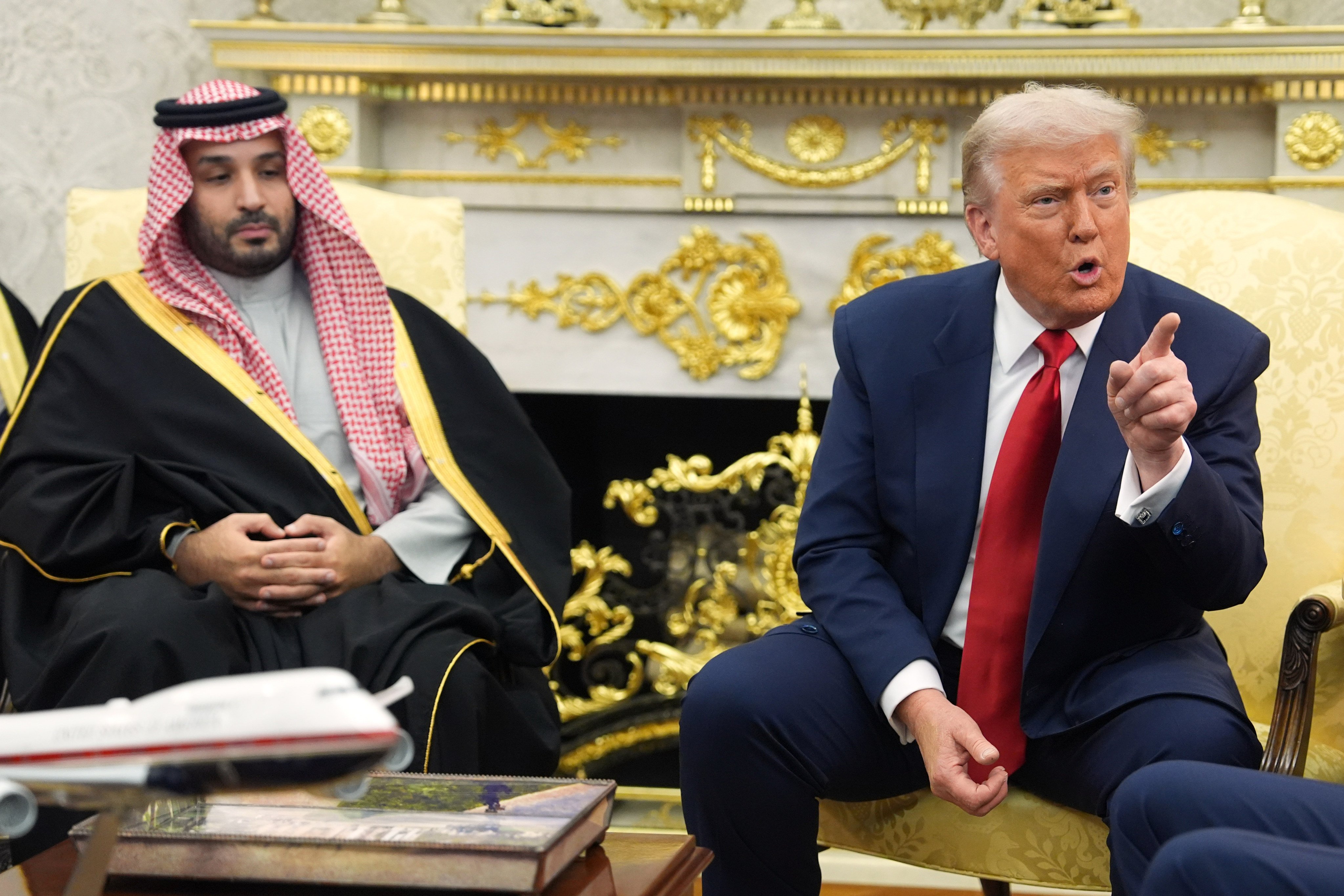 US President Donald Trump points to a reporter as he meets Saudi Arabia’s Crown Prince Mohammed bin Salman in the Oval Office. Photo: AP