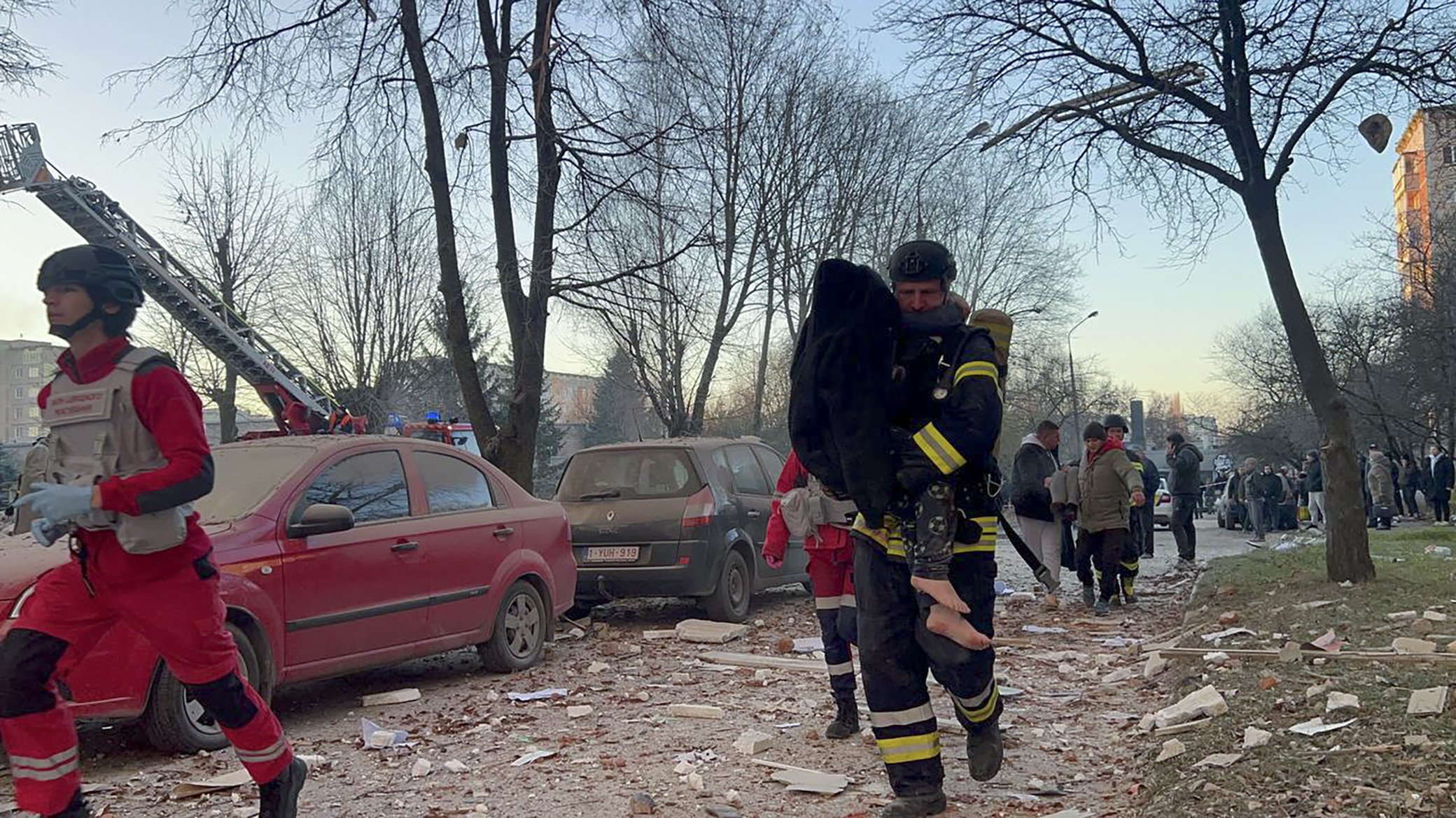 A rescuer carrying a person at the site of a Russian strike in Ternopil on Wednesday. Photo: Ukraine’s President Volodymyr Zelensky/Telegram/EPA