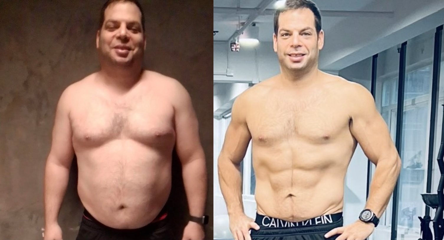 Meir Ben Tovim at 126kg (left) in 2020 and 85kg in June 2021. He describes how he lost 41kg in seven months and now does strength training, running and Hyrox. Photos: Instagram/run_with_me_ir