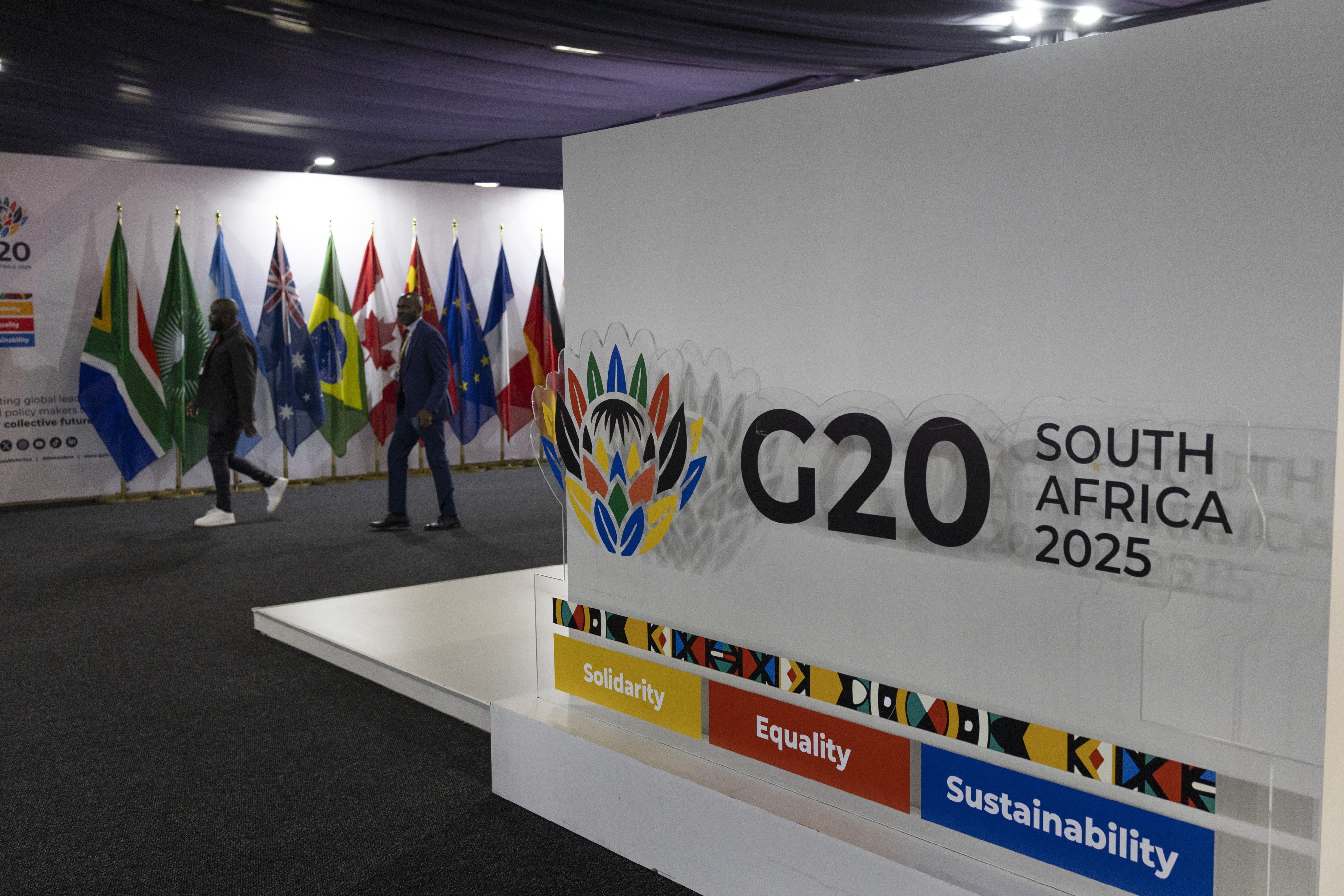 A G20 summit sign is seen at Johannesburg Expo Centre on Monday. Photo: EPA