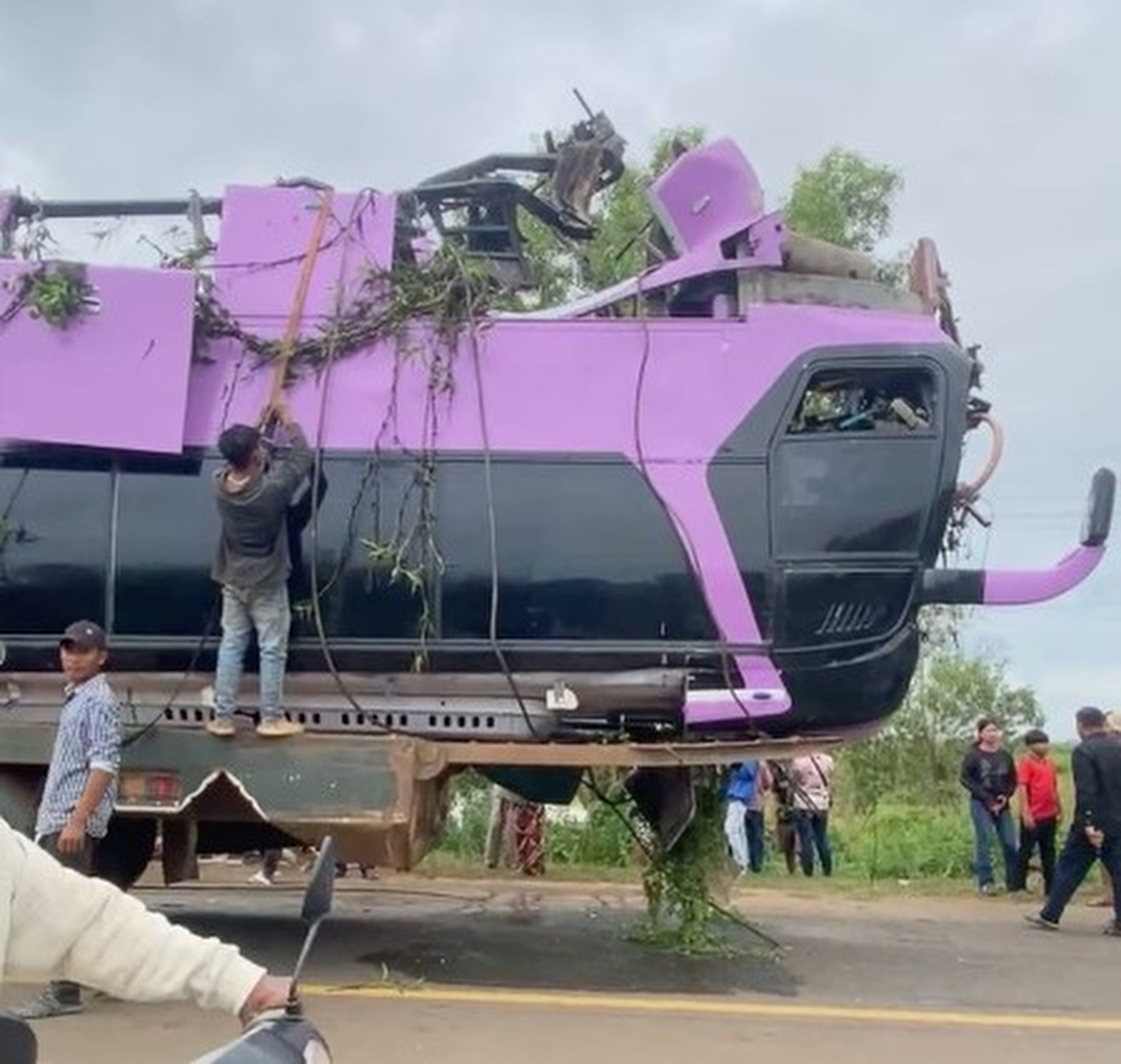 A passenger bus in Cambodia crashed off a bridge into a river on Thursday. Photo: The Phnom Penh Post