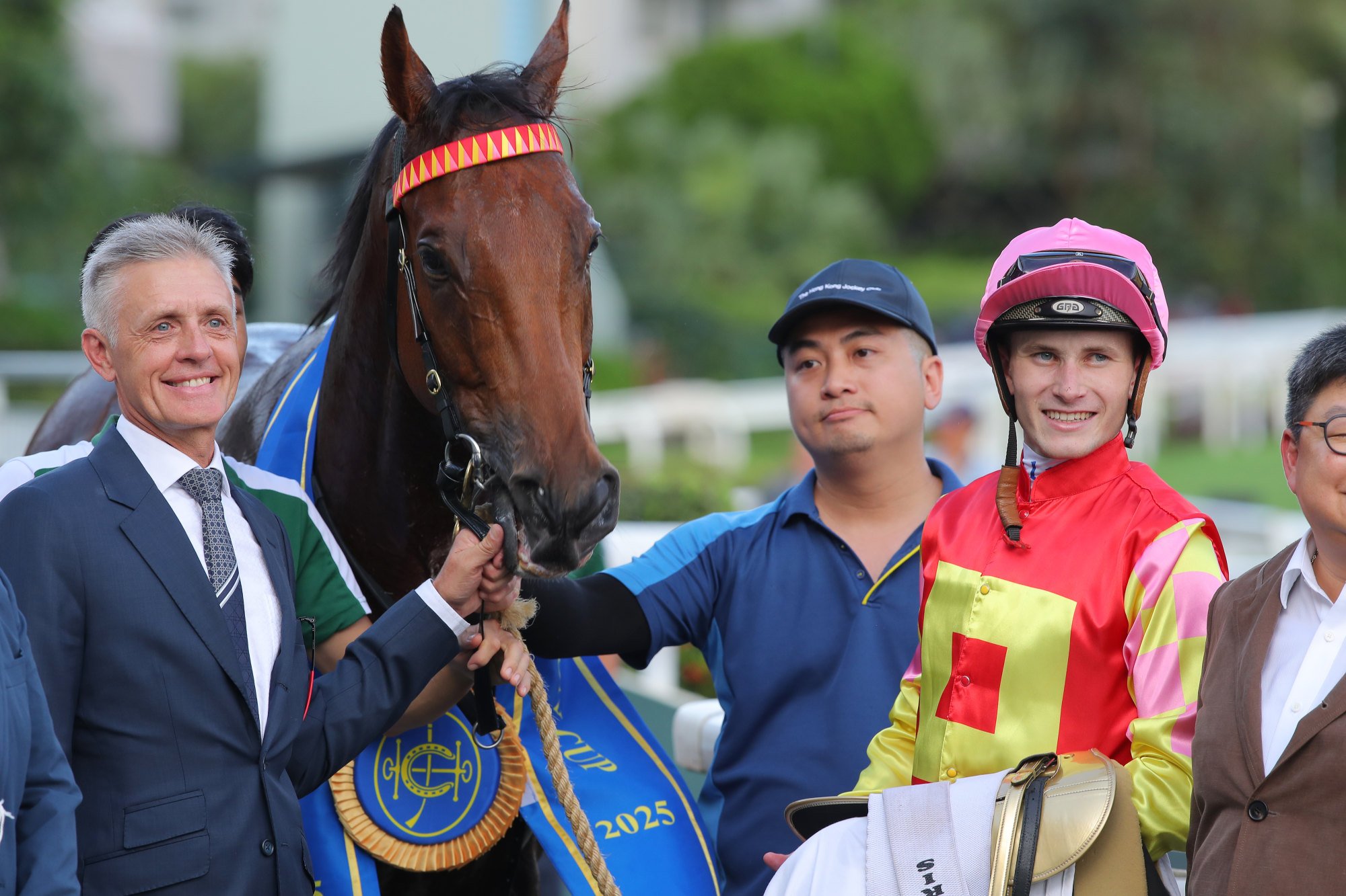Trainer Mark Newnham and jockey Luke Ferraris enjoy My Wish’s Group Three Celebration Cup (1,400m) success.