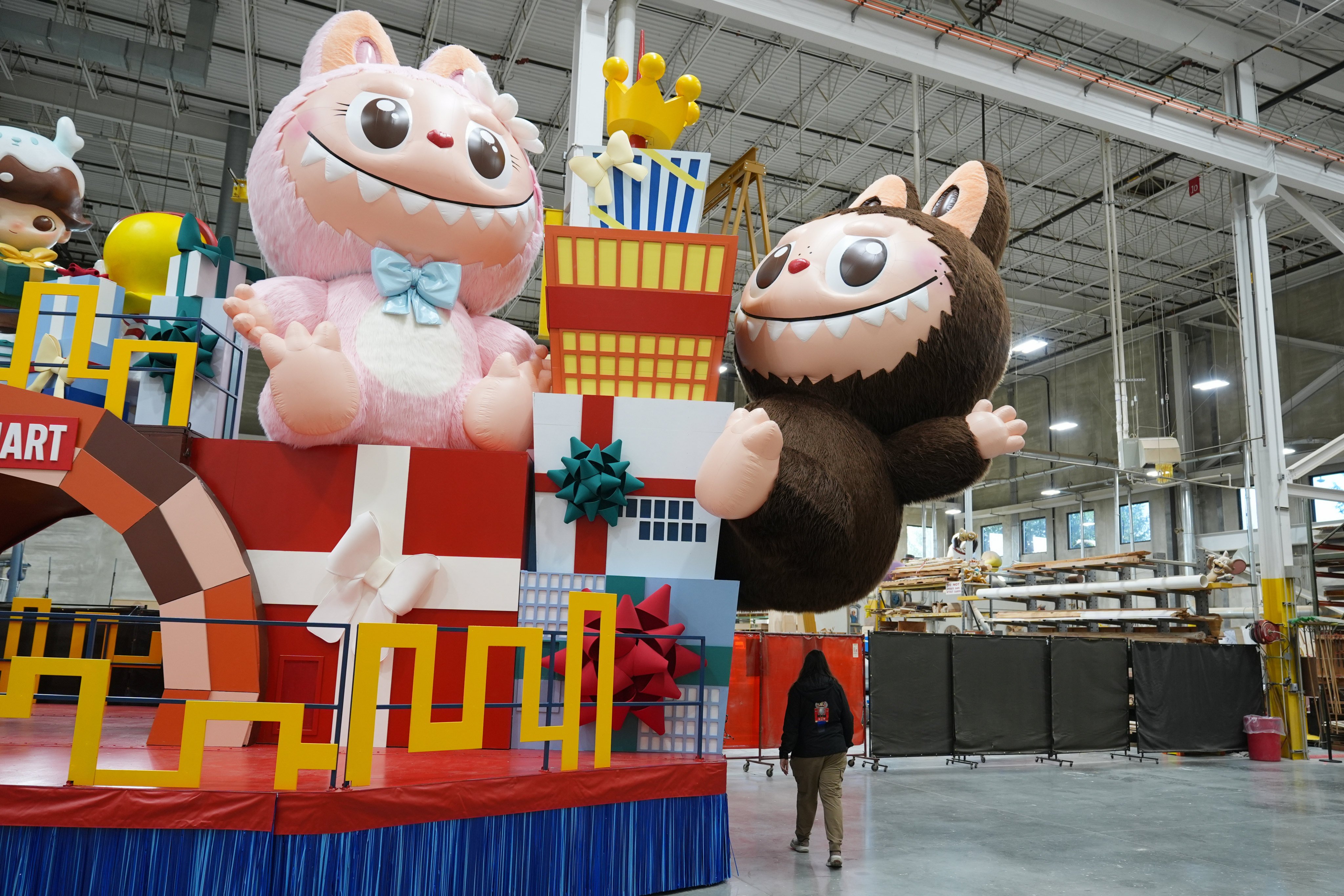 A Thanksgiving Day float featuring Pop Mart’s Labubu, right, and Mokoko are displayed during a press preview of the new floats at Macy’s Parade Studio in Moonachie, New Jersey, on Tuesday. Photo: AP