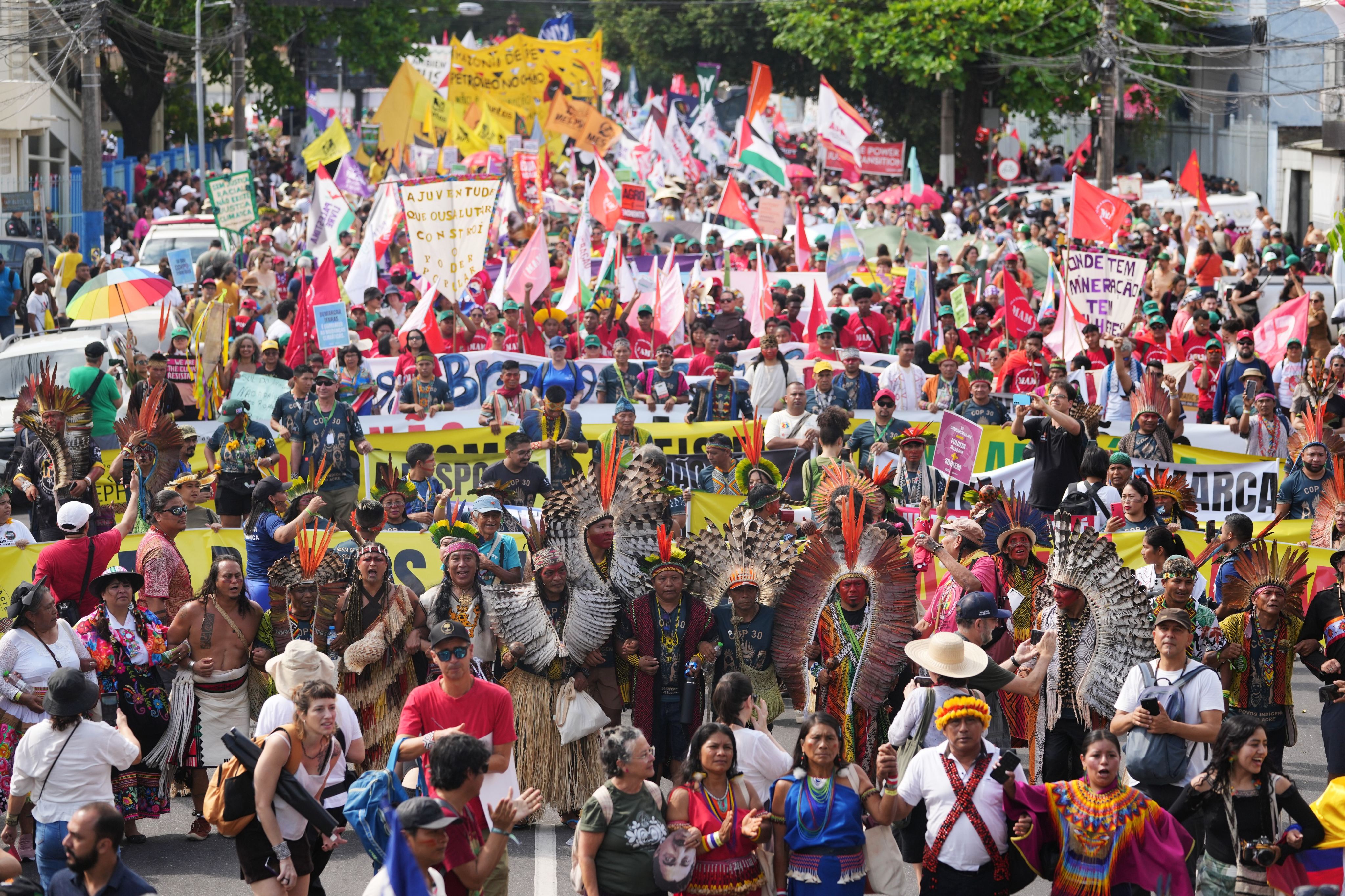 Activists take part in a climate protest during the Cop30 UN climate summit in Belem, Brazil, on November 15 2025. Photo: AP