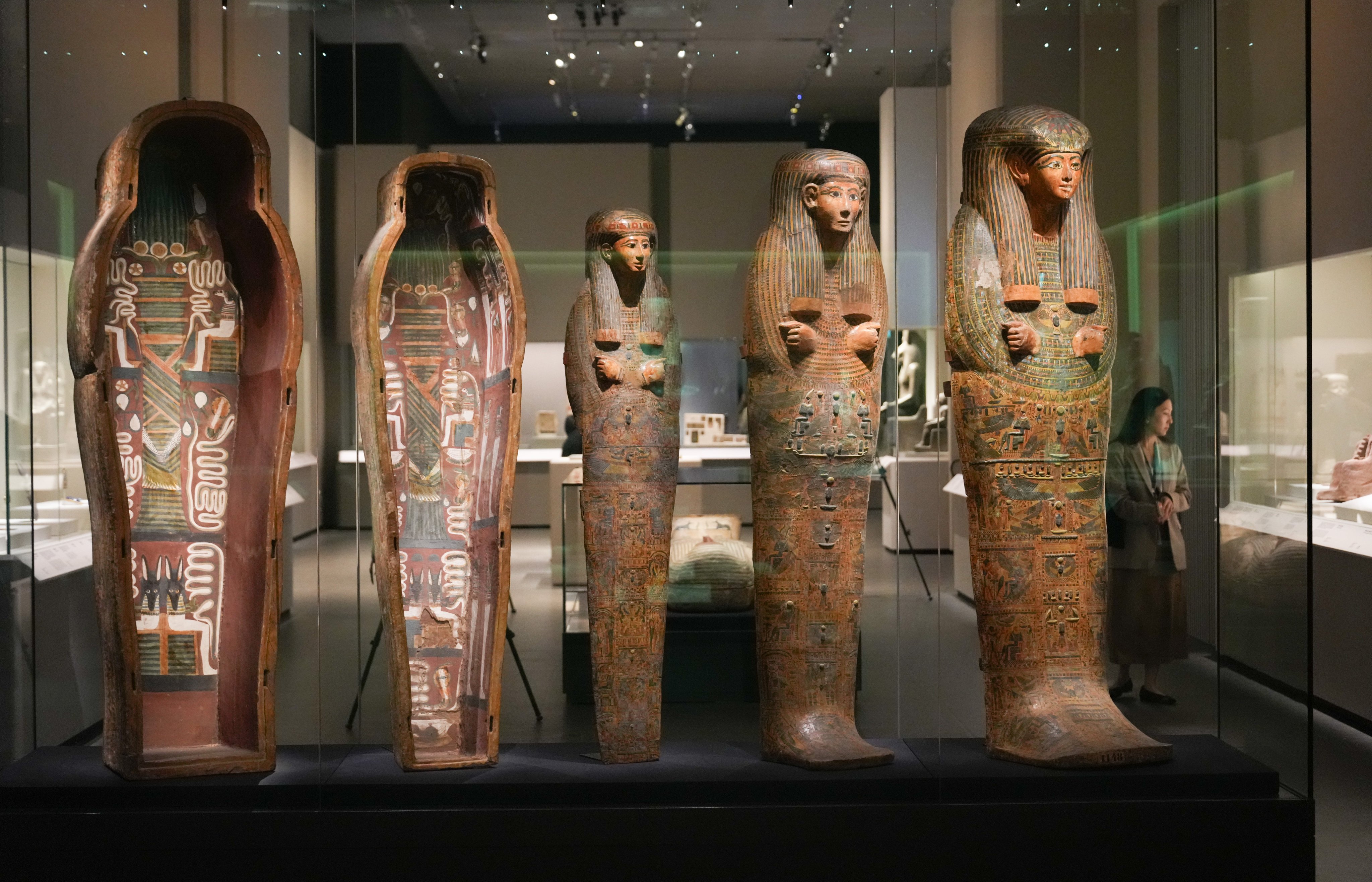 Anthropoid coffins at the Hong Kong Palace Museum during the media preview of “Ancient Egypt Unveiled: Treasures from Egyptian Museums” on November 18. Photo: Sam Tsang