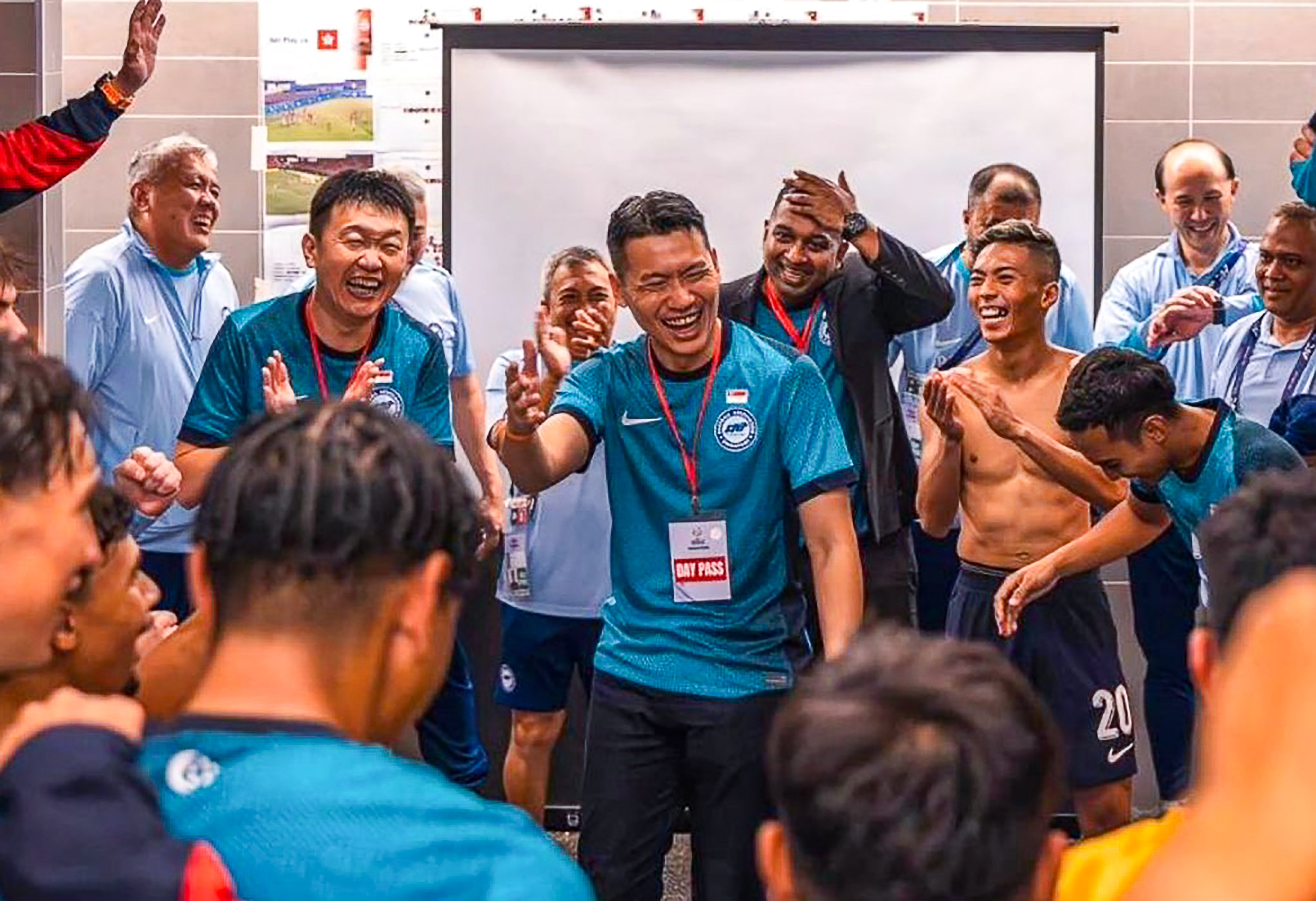 David Neo addresses a jubilant Singapore dressing room after their win over Hong Kong. Photo: Handout
