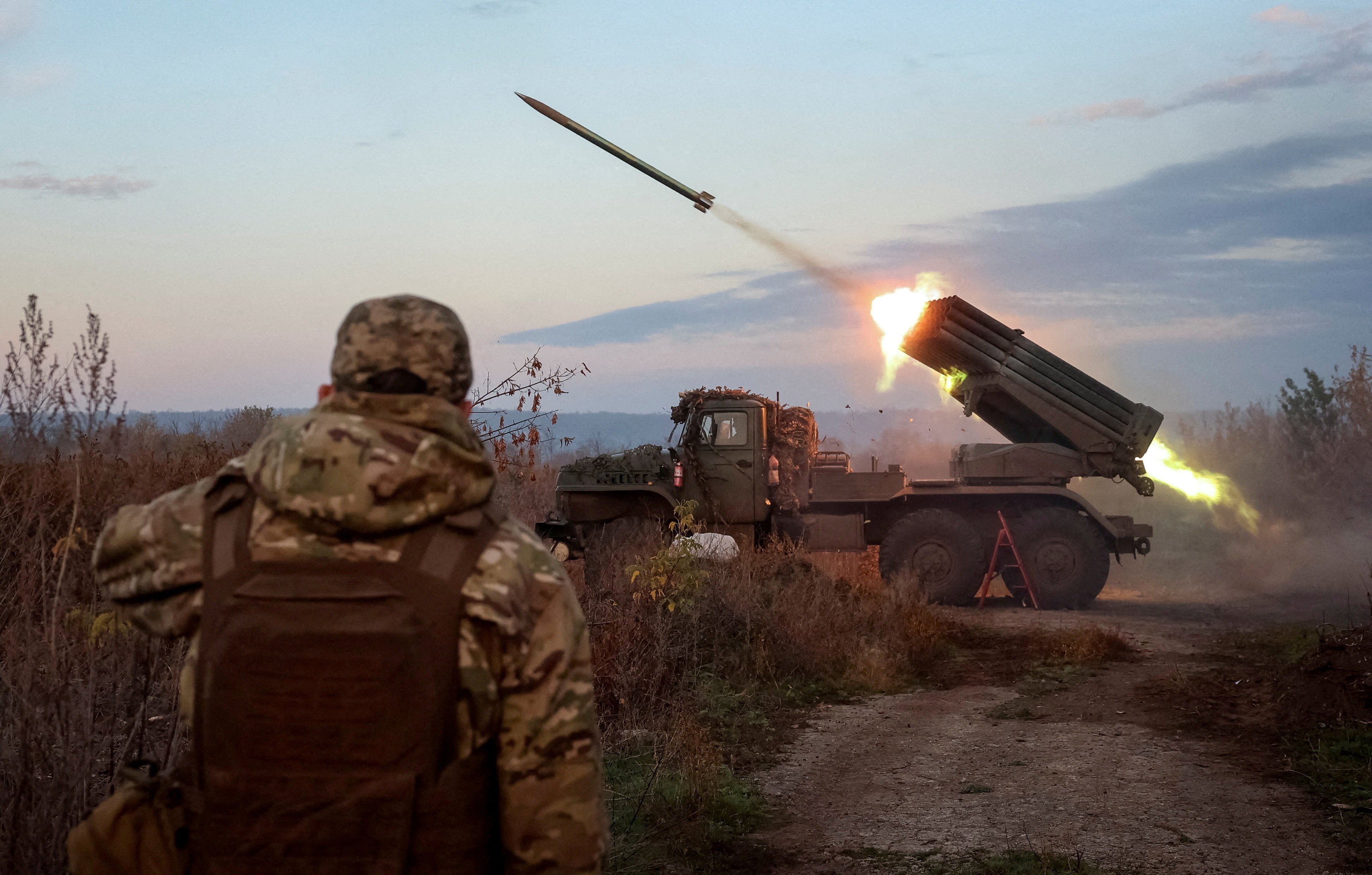 Ukrainian servicemen fire a BM-21 Grad multiple rocket launch system towards Russian troops near the frontline town of Kostiantynivka in the Donetsk region in October. Photo: Reuters
