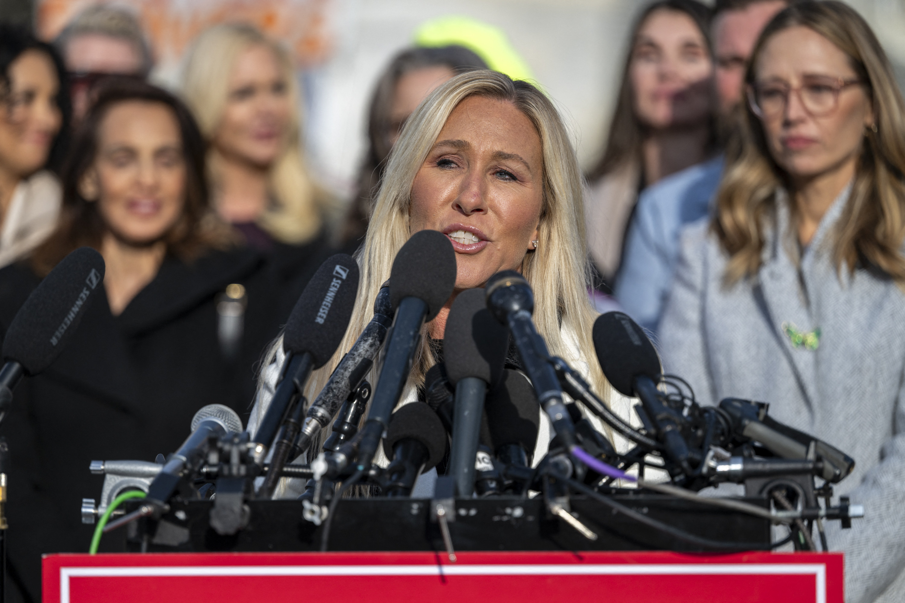 US Representative Marjorie Taylor Greene speaks at a news conference on the Epstein Files Transparency Act at the US Capitol in Washington on Tuesday. Photo: TNS