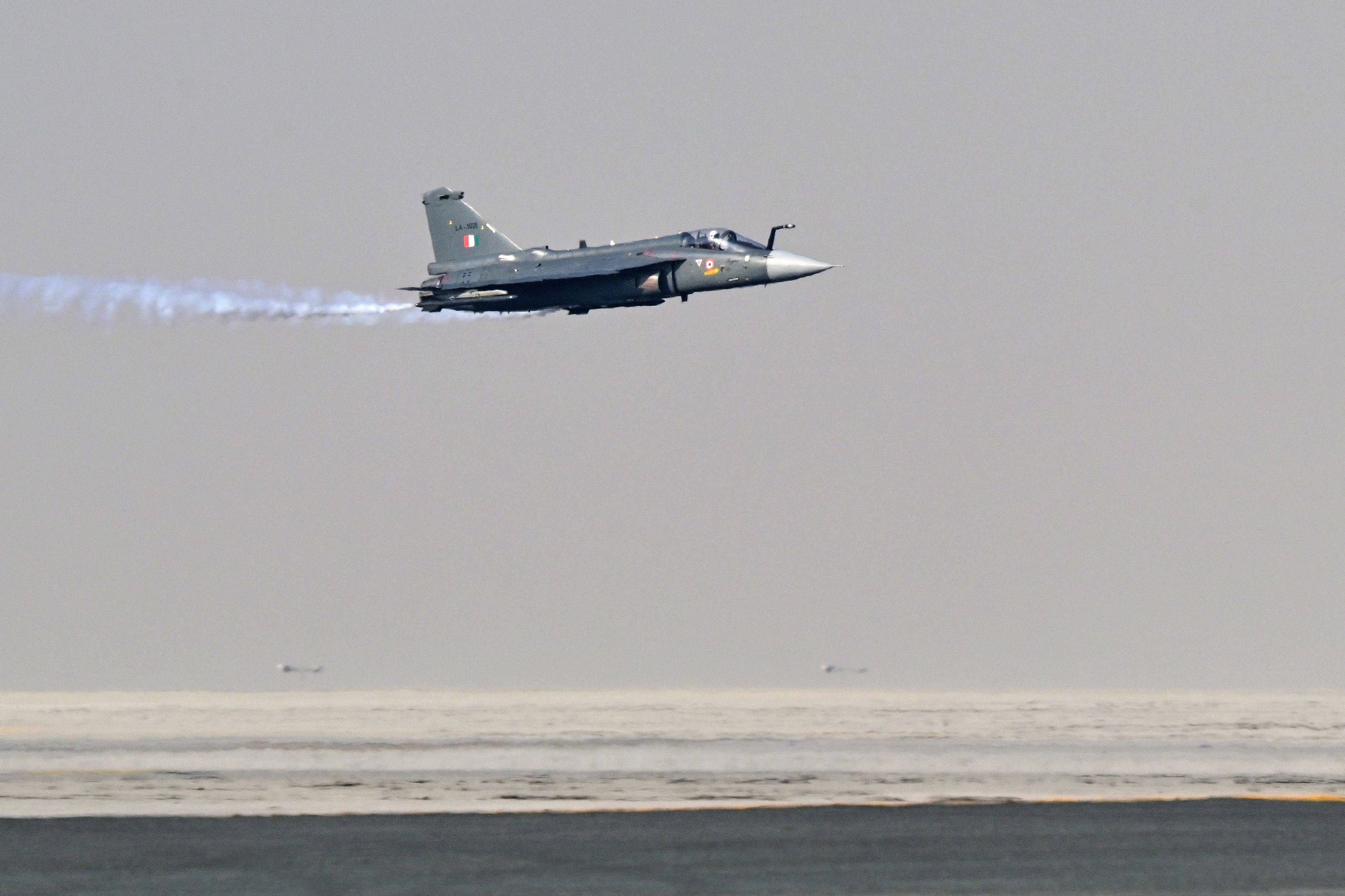 India’s Tejas fighter jet performs a flying display at the Dubai Air Show on Thursday. Photo: AFP