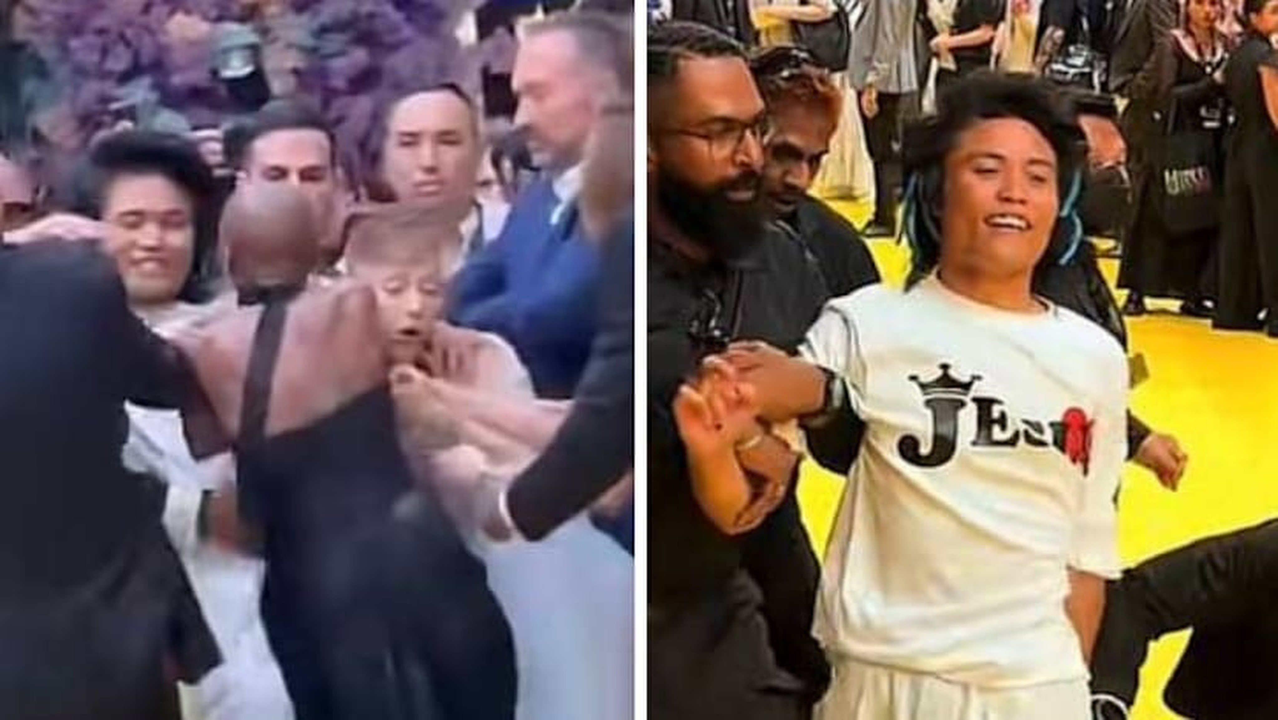 Johnson Wen (right) was charged for public nusiance after he jumped over a barricade at a movie premiere in Singapore and rushed actress Ariana Grande. Photo: TikTok/pyjamamann, UR Dinie