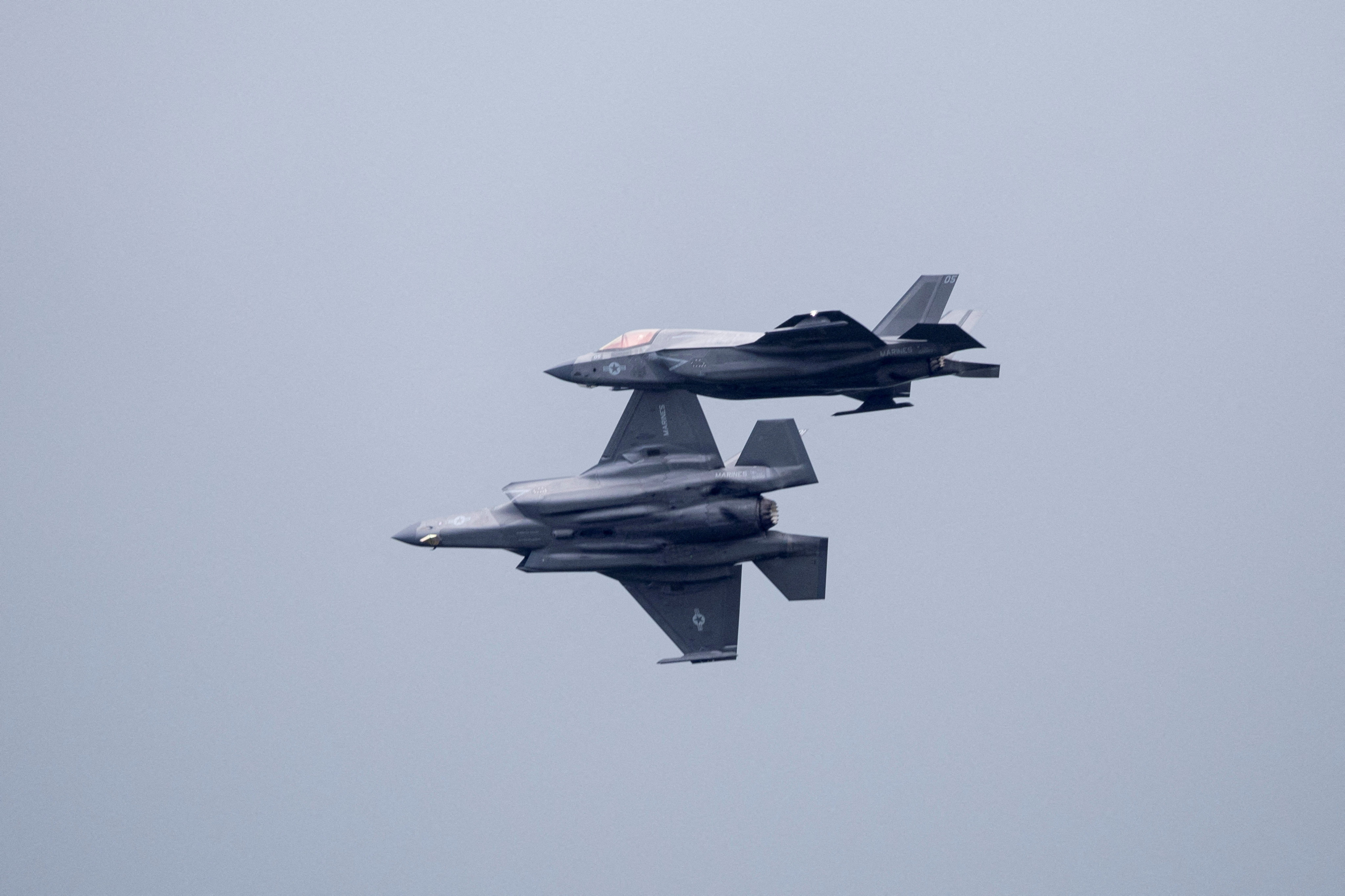 Two F-35B fighter jets of the US Marine Corps fly in formation over Puerto Rico on Saturday. Photo: Reuters