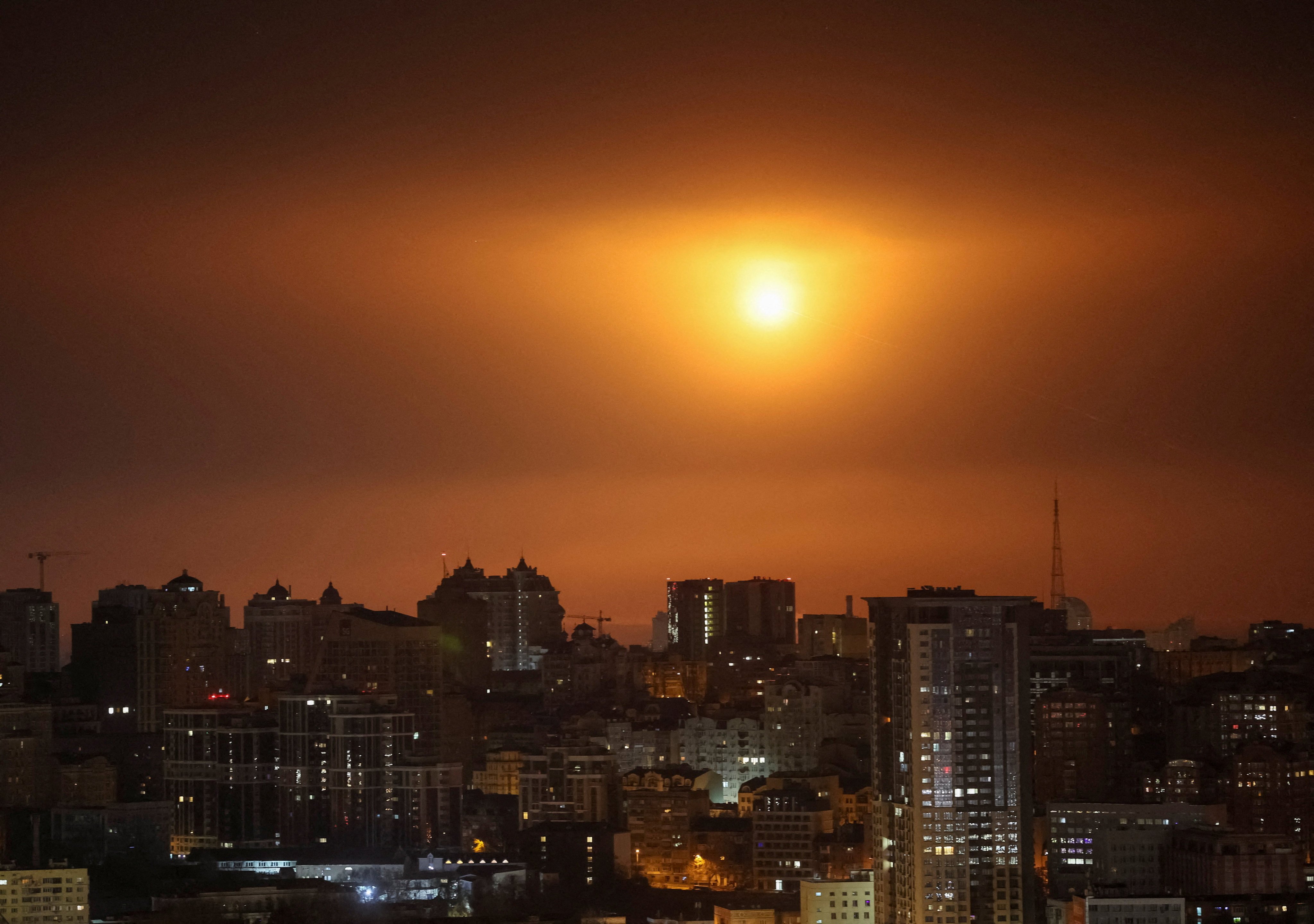 An explosion of a Russian drone in the sky over Kyiv, Ukraine on Tuesday. Photo: Reuters