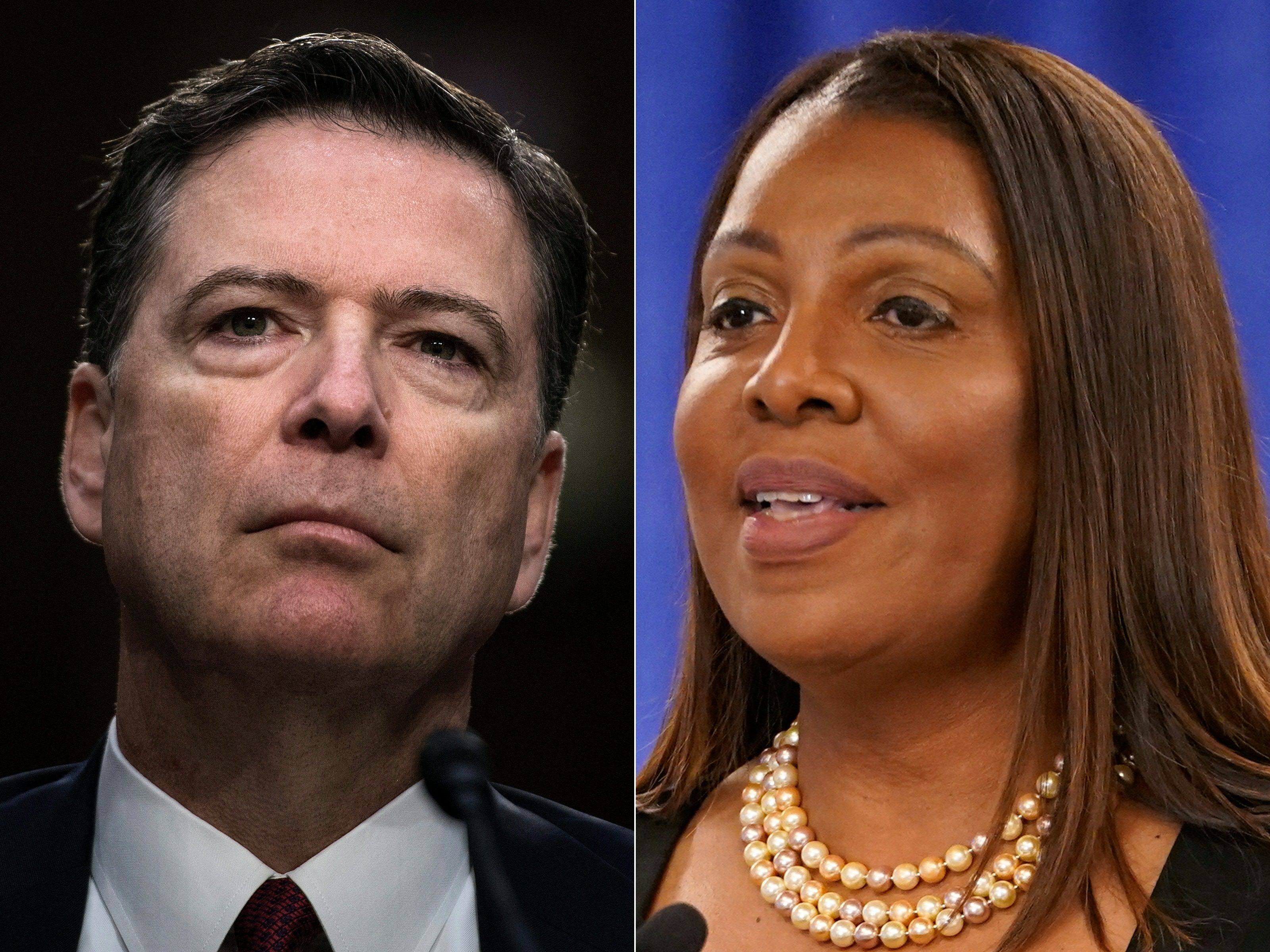 A federal judge dismissed the criminal cases against former FBI director James Comey and New York Attorney General Letitia James. Photo: AFP