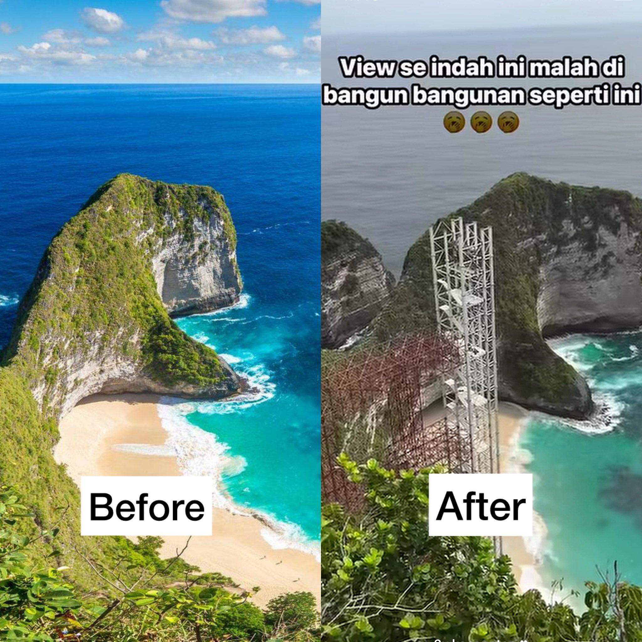 Before and after images of Kelingking Beach on the island of Nusa Penida. Photo: X / pendakilawas