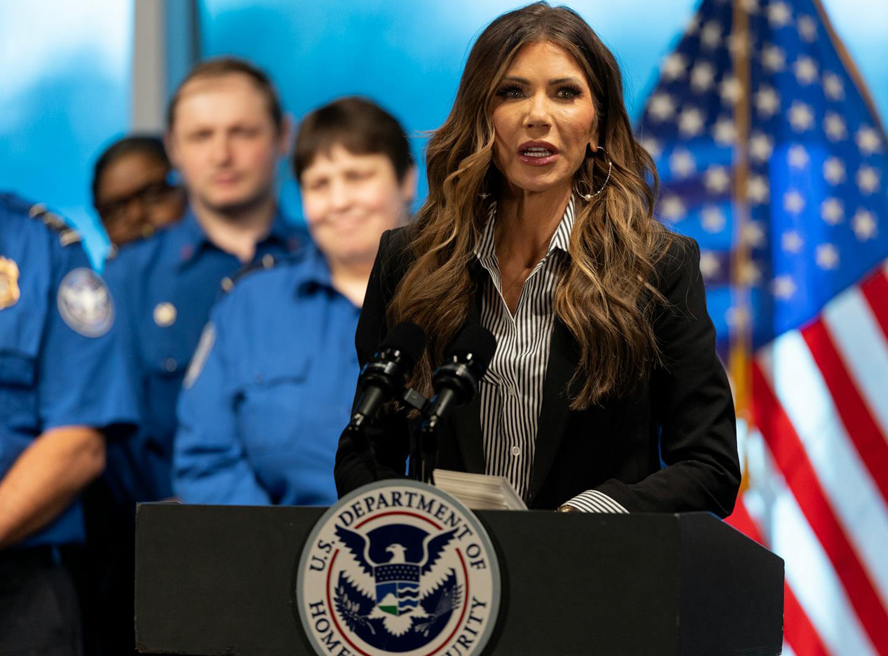US Homeland Security Secretary Kristi Noem at Minneapolis-St. Paul International Airport on Sunday. Photo: The Minnesota Star Tribune / TNS